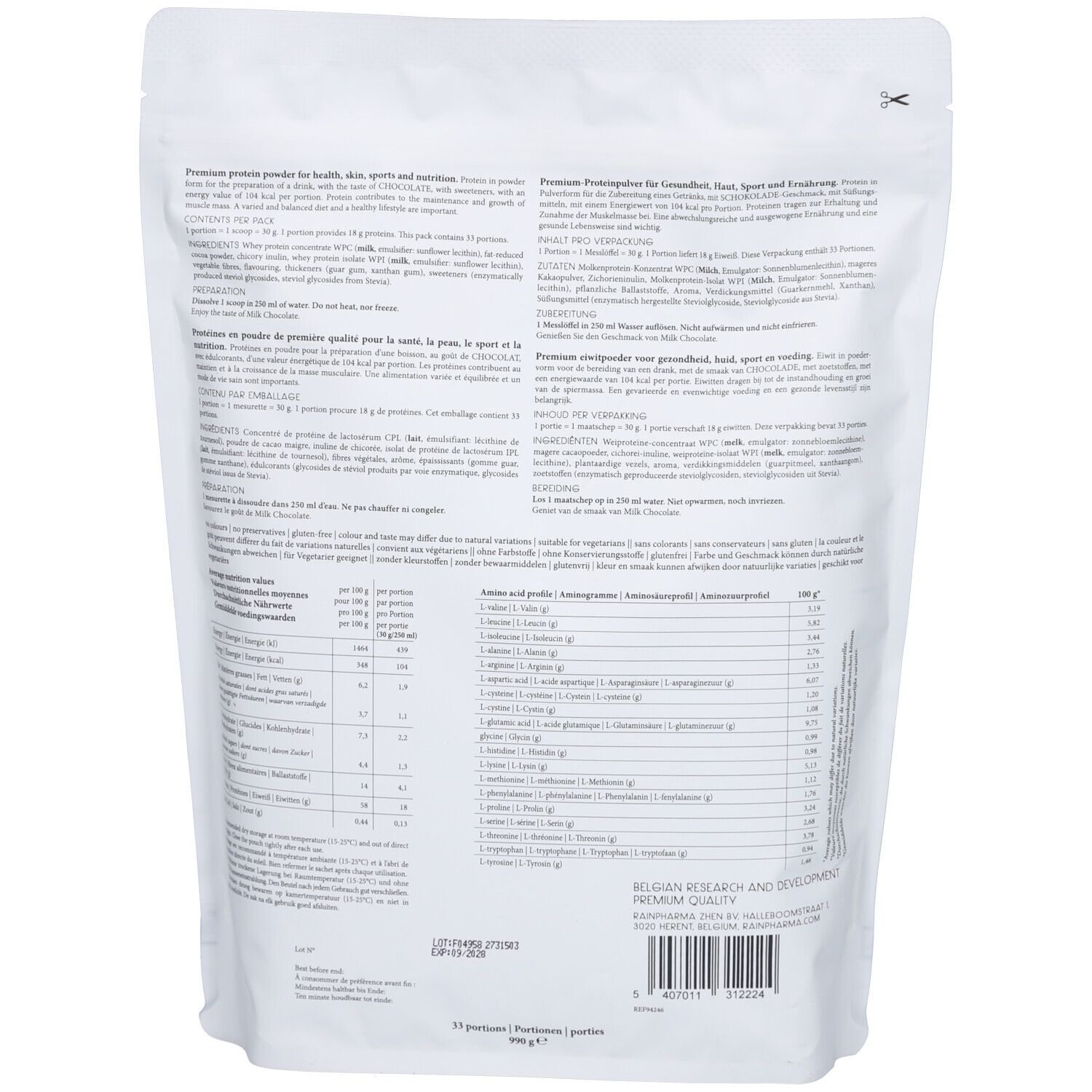 Rückseite des Rainpharma-Beutels mit Text in mehreren Sprachen. Enthält Nährwertangaben und Informationen zur Herstellung.