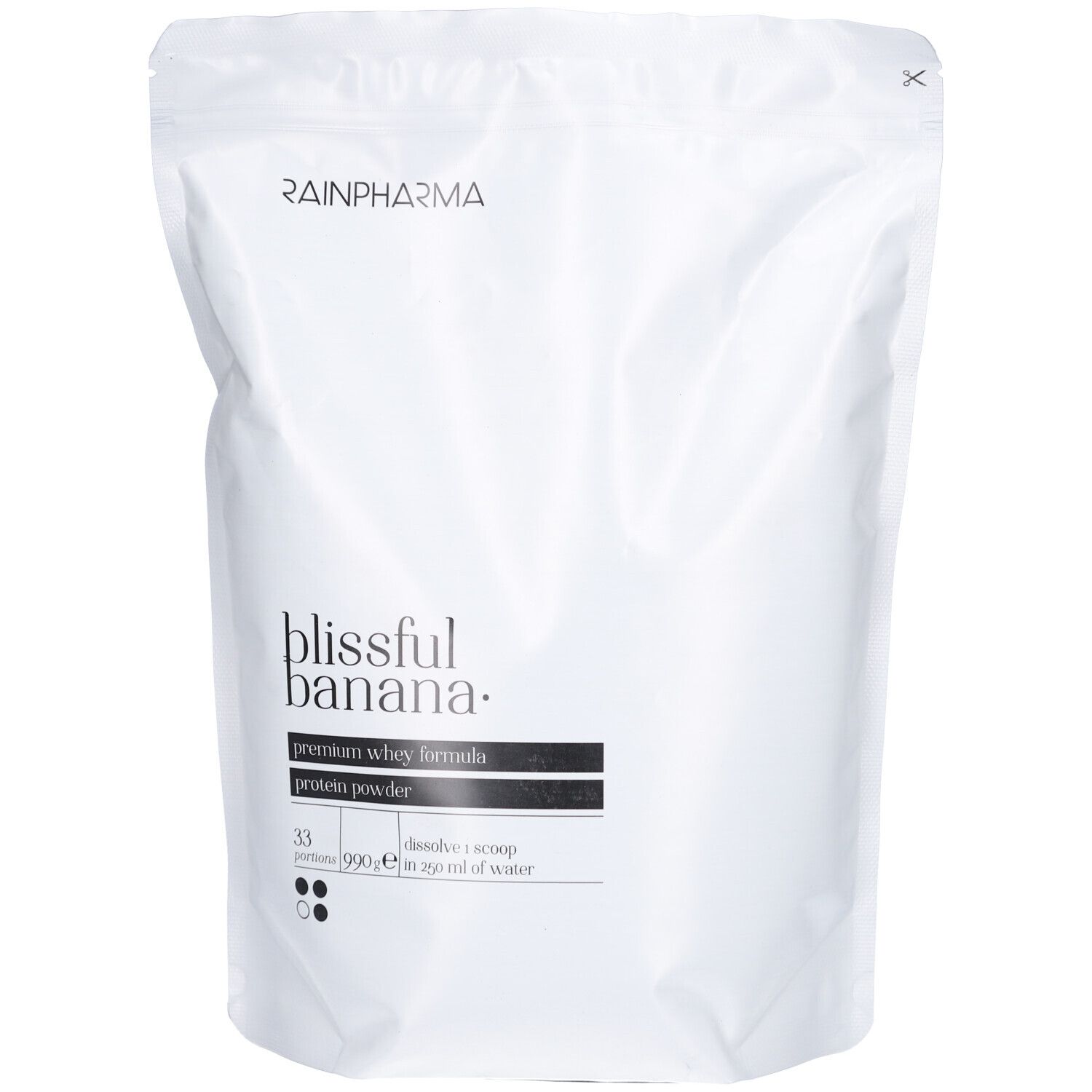 Weißer Beutel mit Rainpharma-Logo und "blissful banana"-Aufdruck. Enthält Premium-Whey-Formel, Proteinpulver. 33 Portionen, 990g.