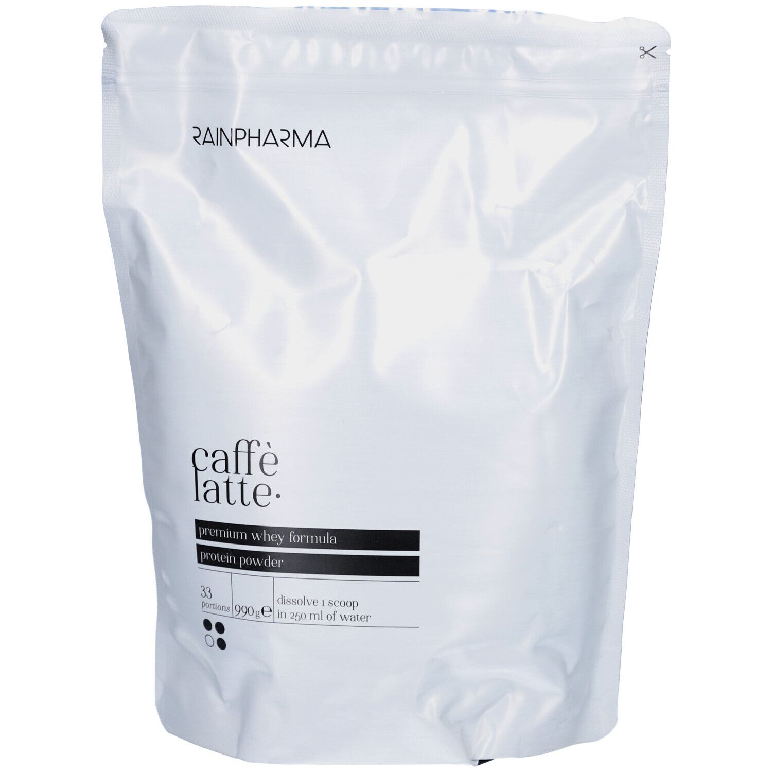 Weißer Beutel mit RainPharma-Logo. Text: Caffè Latte, Premium Whey Formula, Protein Powder. 33 Portionen, 990g.