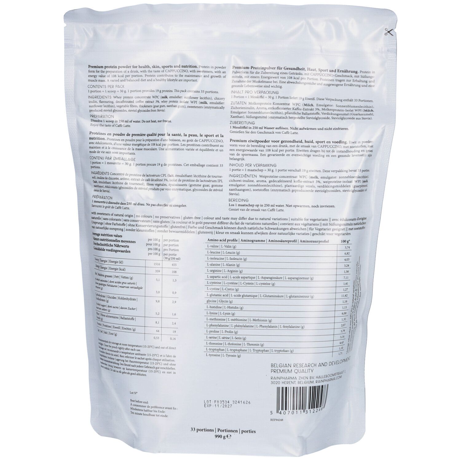 Rückseite eines weißen Beutels. Text: Premium Protein für Gesundheit, Sport und Erholung. Nährwertangaben, Text in mehreren Sprachen.