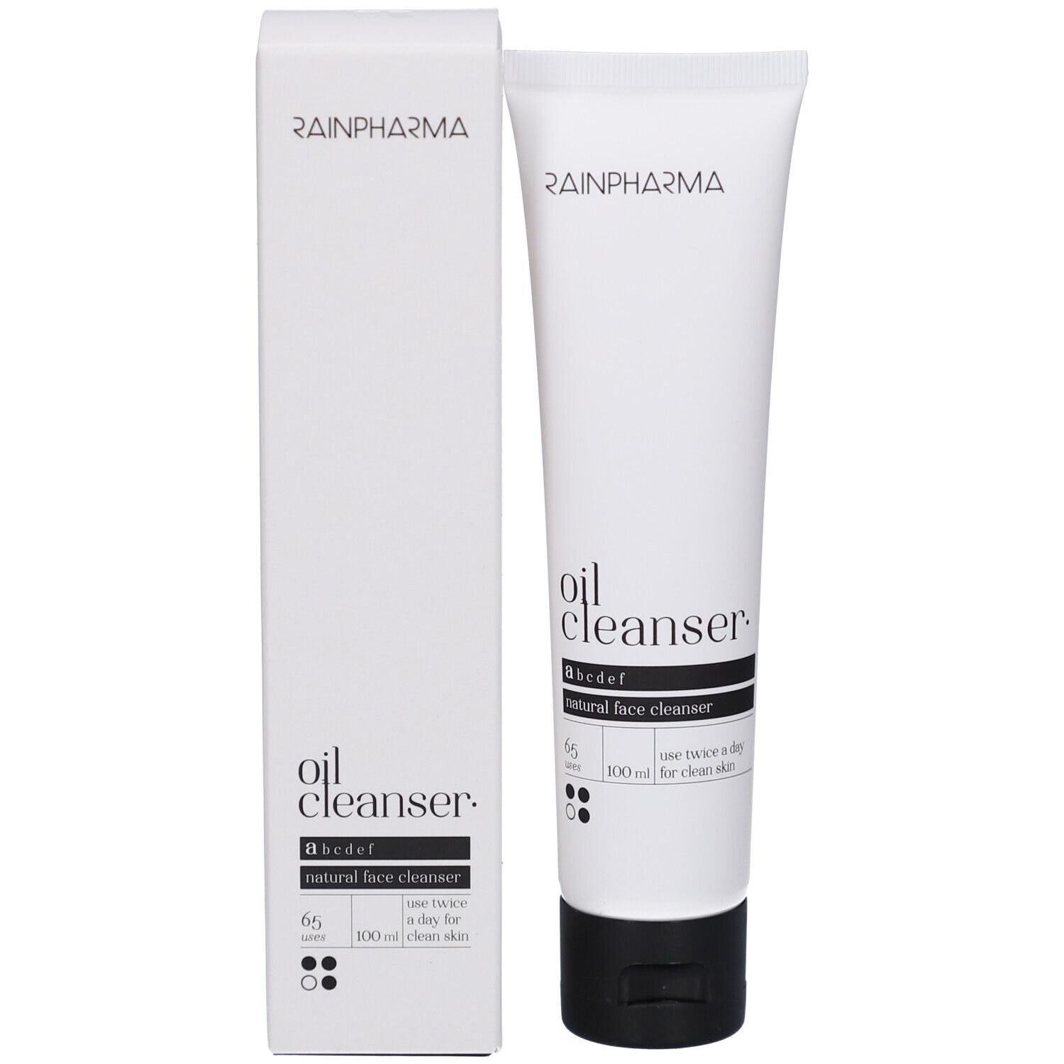 Weiße Tube und Schachtel. Aufschrift: Rainpharma, oil cleanser, abcdef, natural face cleanser. 100 ml.