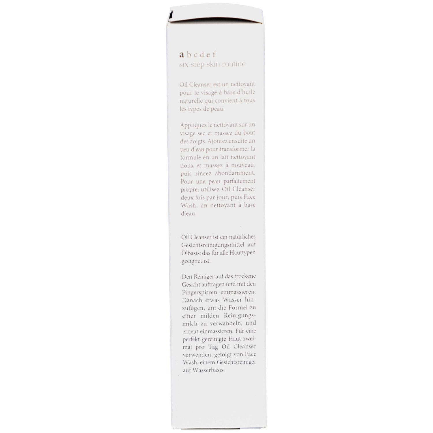 Seite der Schachtel. Text in mehreren Sprachen. Enthält Informationen zum Produkt und zur Anwendung.