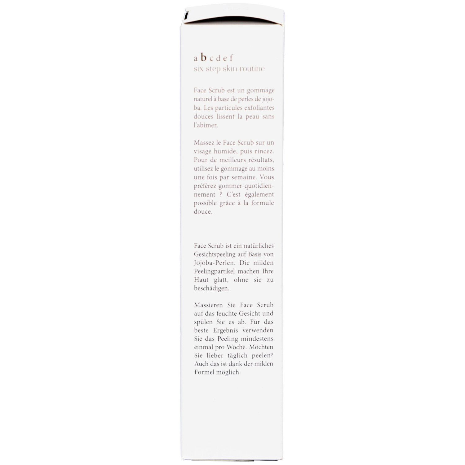 Rückseite der Schachtel. Text in mehreren Sprachen. Enthält Informationen über das Produkt und die Inhaltsstoffe.