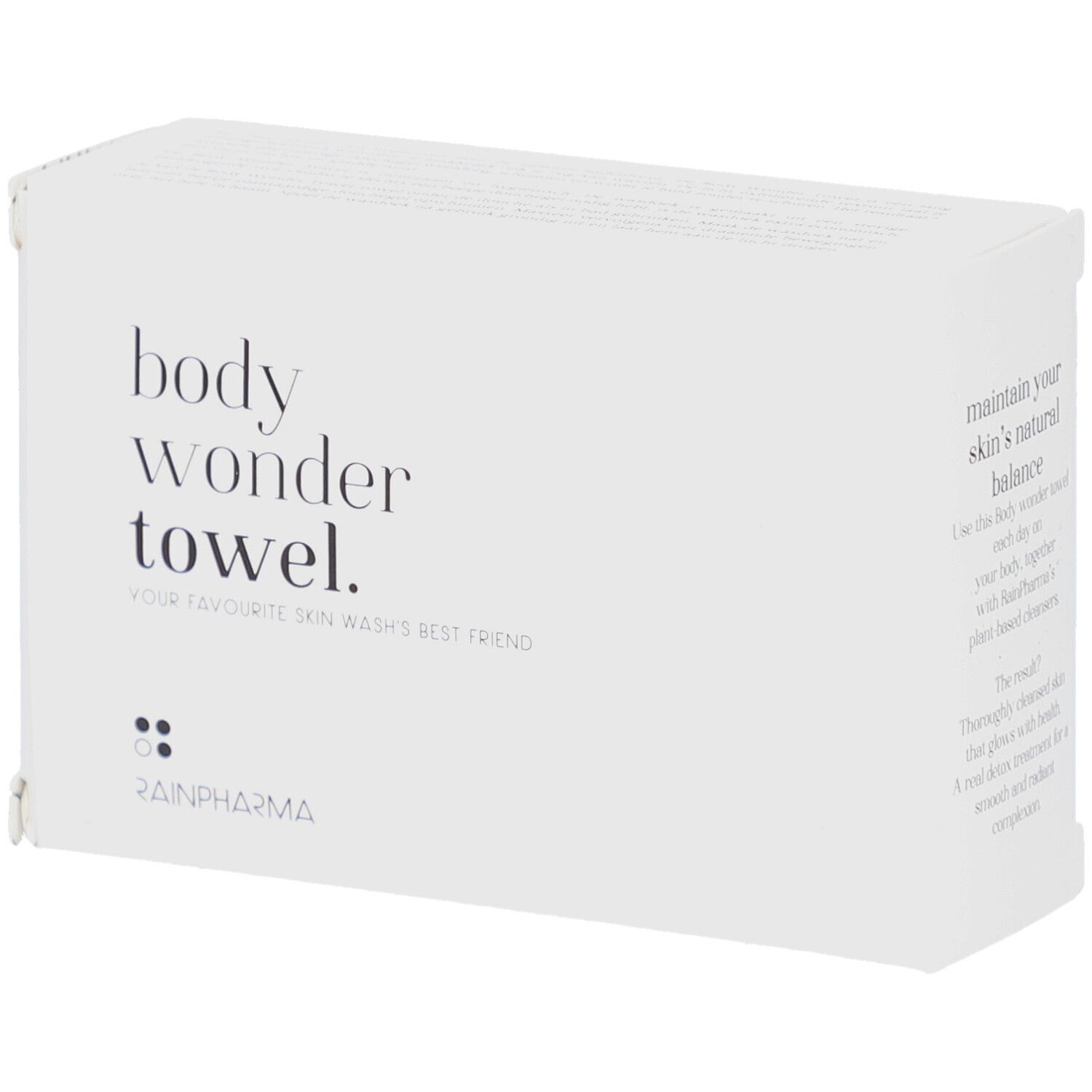 Emballage blanc avec le texte "body wonder towel.". En dessous, "YOUR FAVOURITE SKIN WASH'S BEST FRIEND". Logo Rainpharma.