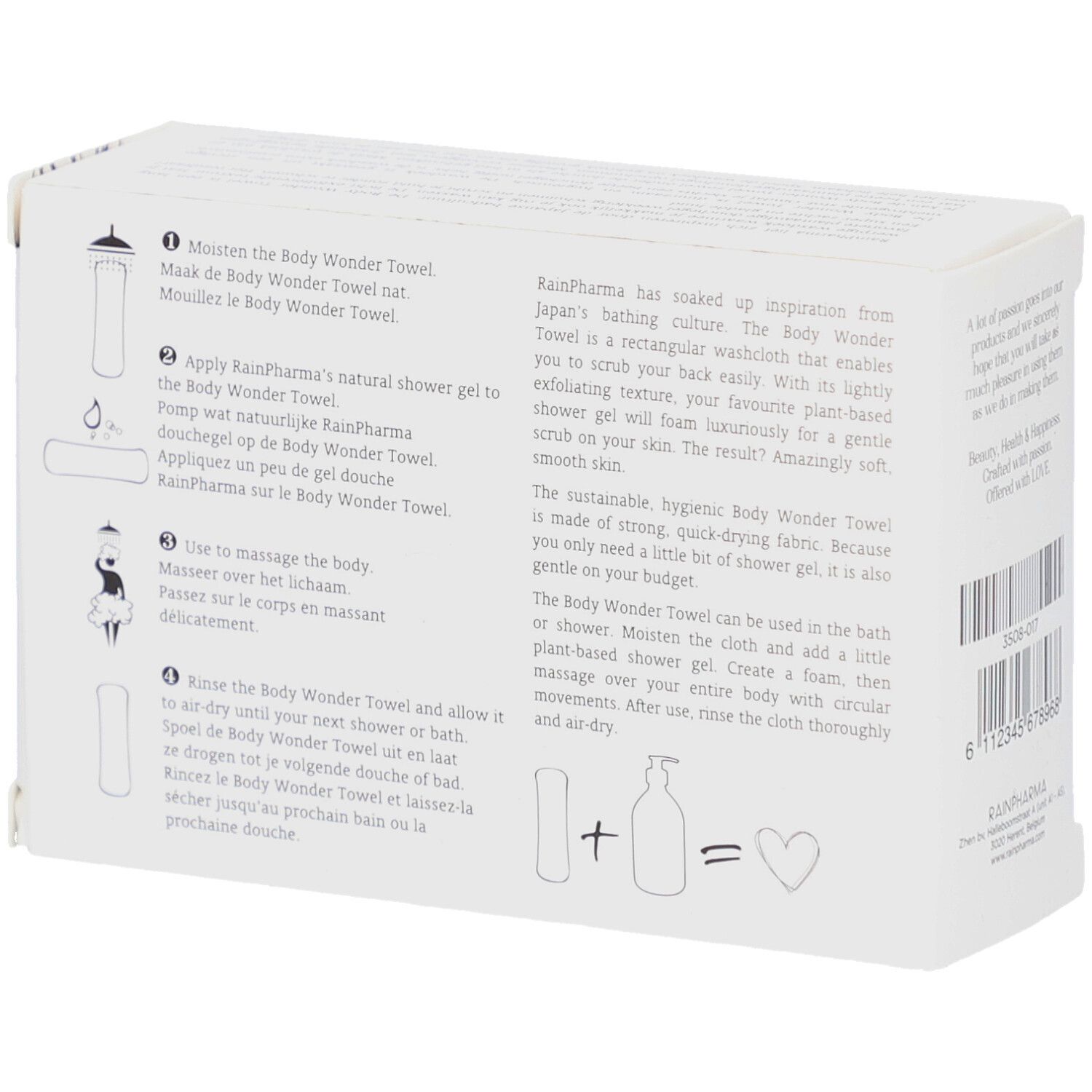 Dos de l'emballage blanc. Illustrations et texte. Texte : "Body Wonder Towel". Logo Rainpharma. Illustrations d'utilisation.
