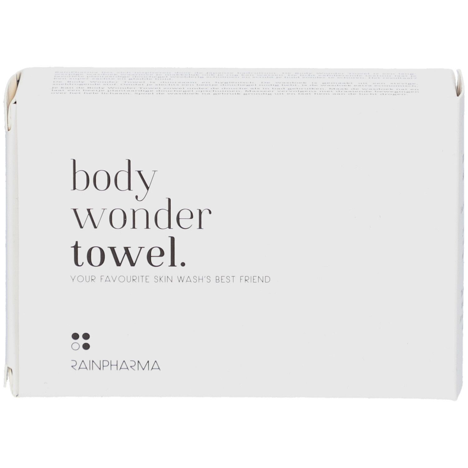 Emballage blanc avec texte : "body wonder towel.", "YOUR FAVOURITE SKIN WASH'S BEST FRIEND". Logo Rainpharma.