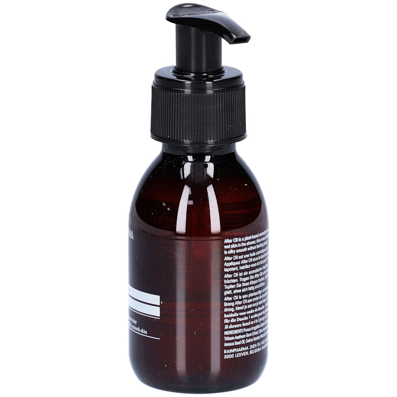 Braune Flasche mit schwarzem Pumpverschluss. Etikett mit Produktinformationen. Rückansicht.