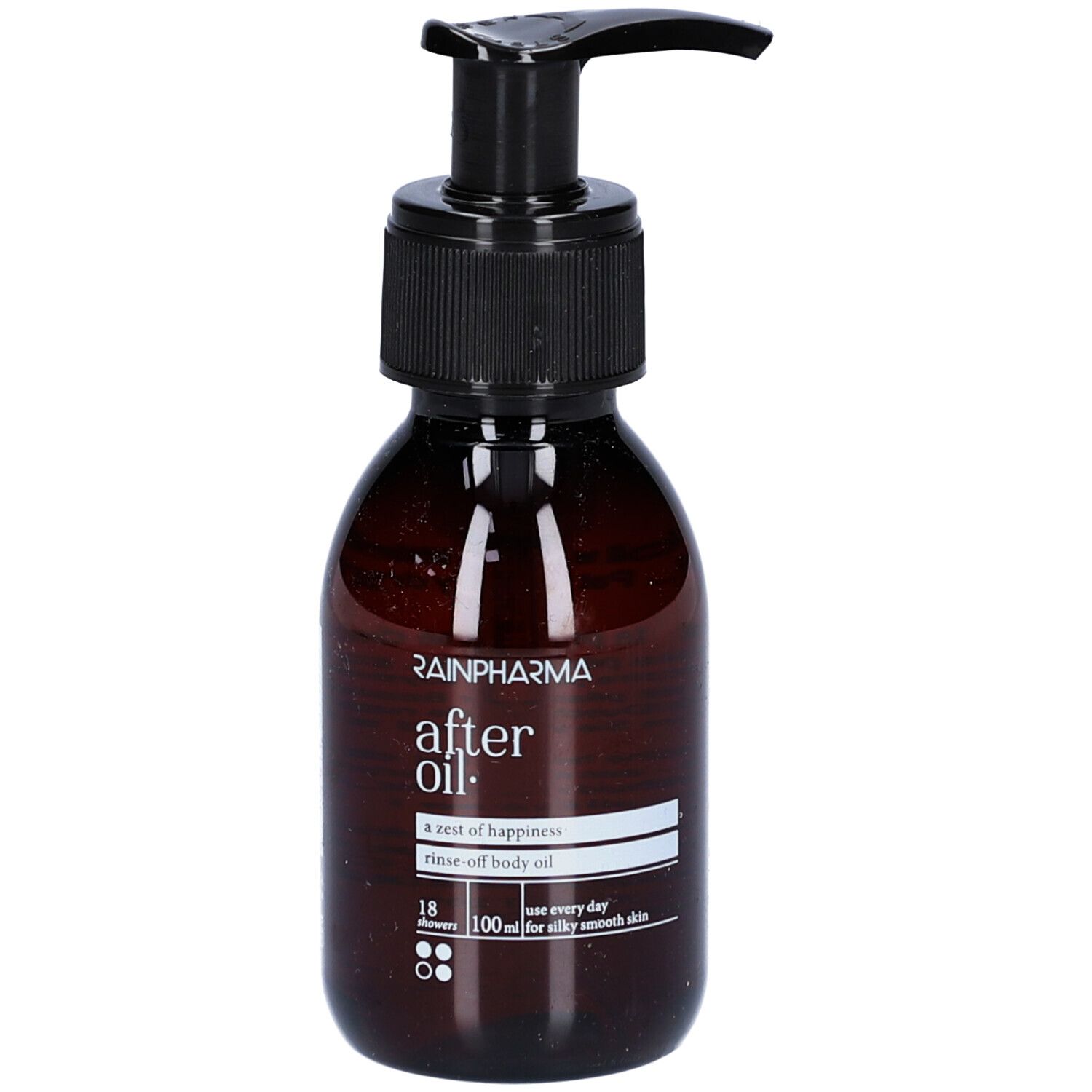 Braune Flasche mit schwarzem Pumpverschluss. Aufschrift: after oil. Etikett mit Text. Vorderansicht.