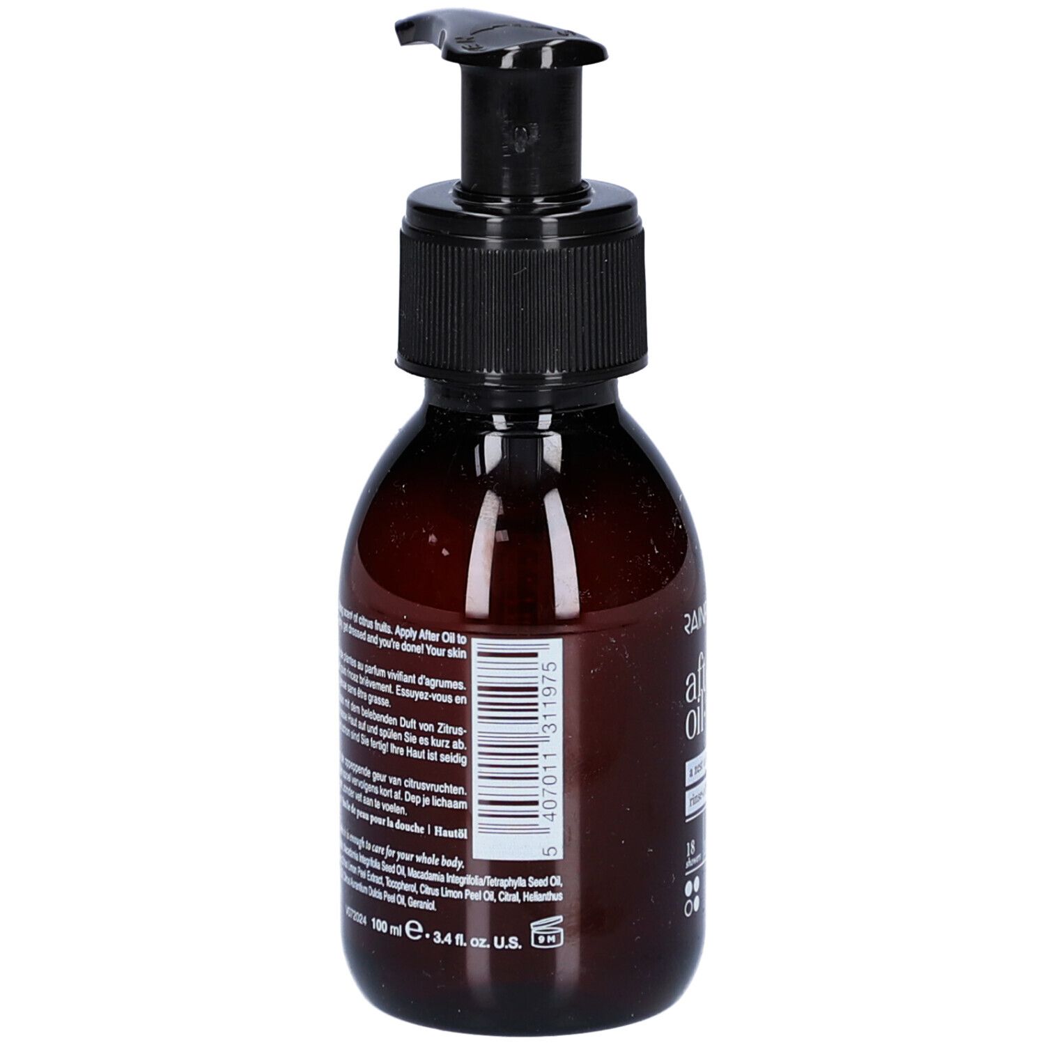 Braune Flasche mit schwarzem Pumpverschluss. Etikett mit Text und Barcode. Rückansicht.