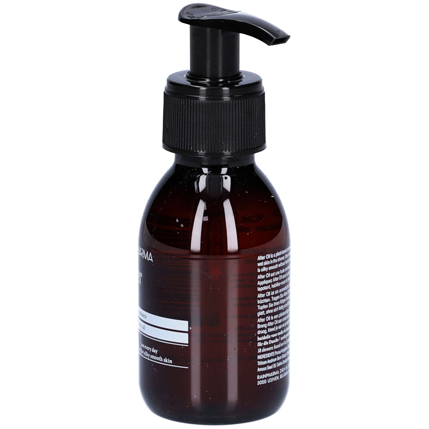 Braune Flasche mit schwarzem Pumpverschluss. Etikett mit Text. Rückansicht.