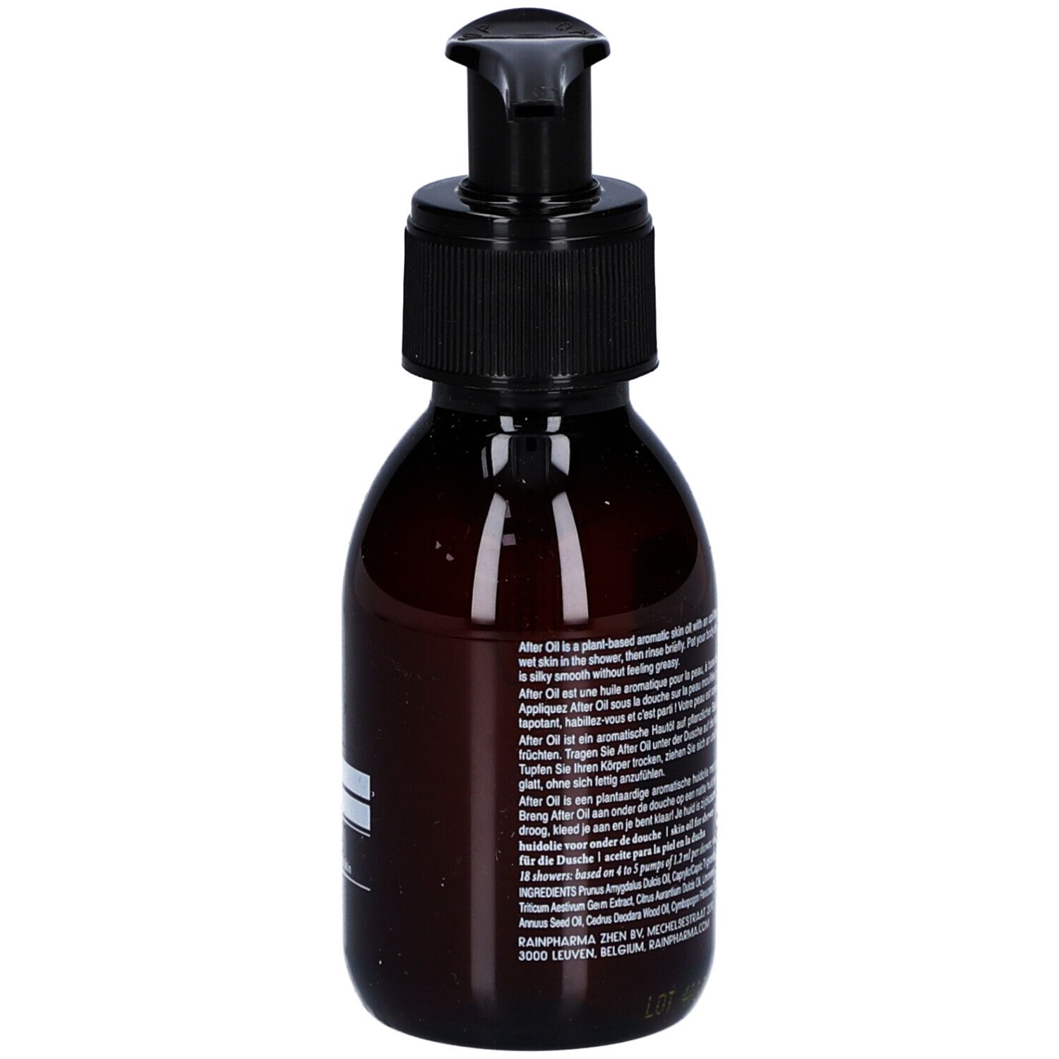 Braune Flasche mit schwarzem Pumpverschluss. Etikett mit Text. Rückansicht.