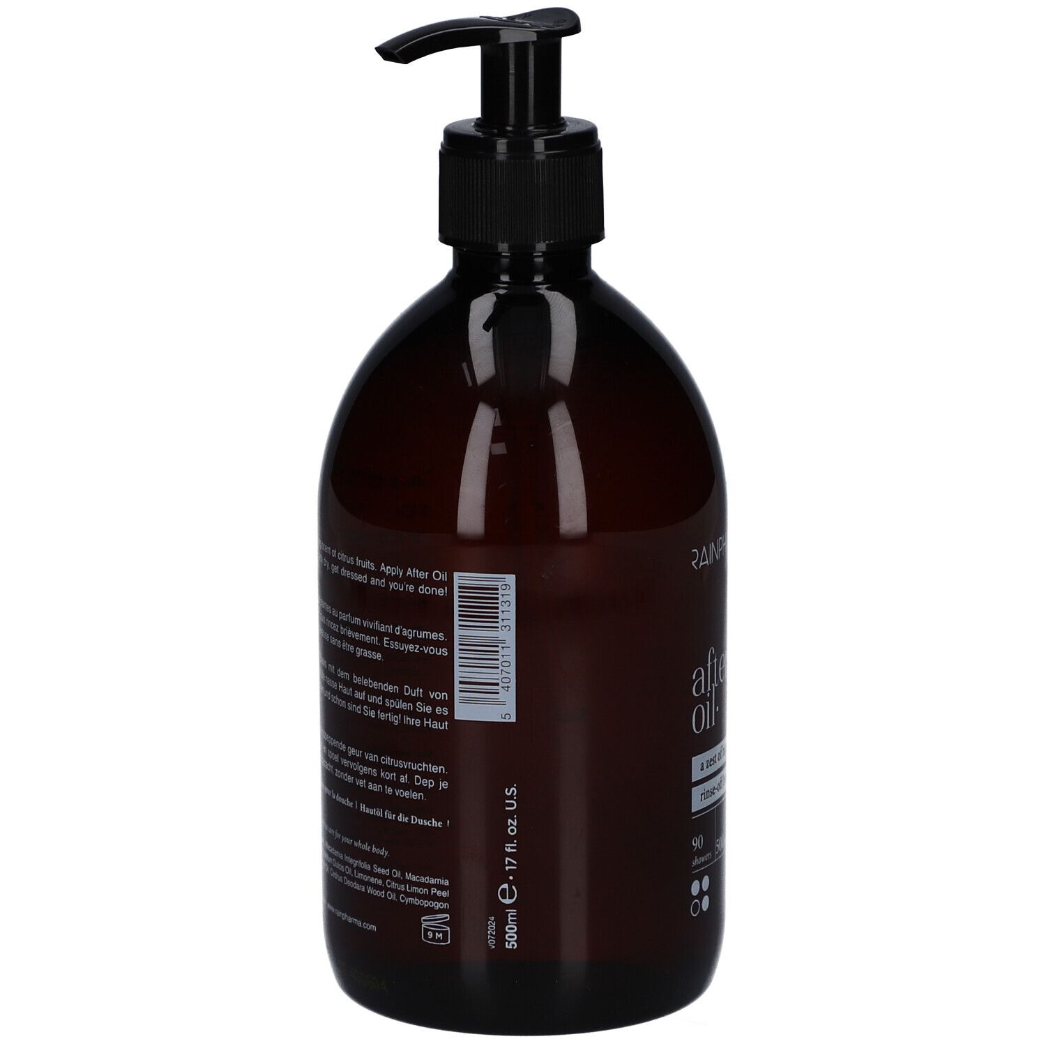 Dos du flacon brun avec pompe noire. Code-barres et texte. 500 ml.