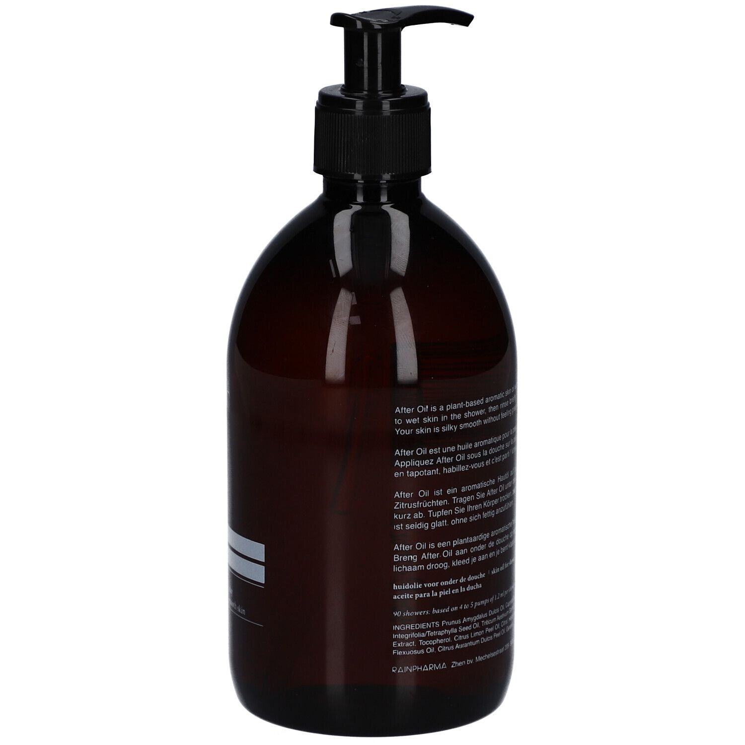 Dos du flacon brun avec pompe noire. Texte en plusieurs langues. 500 ml.