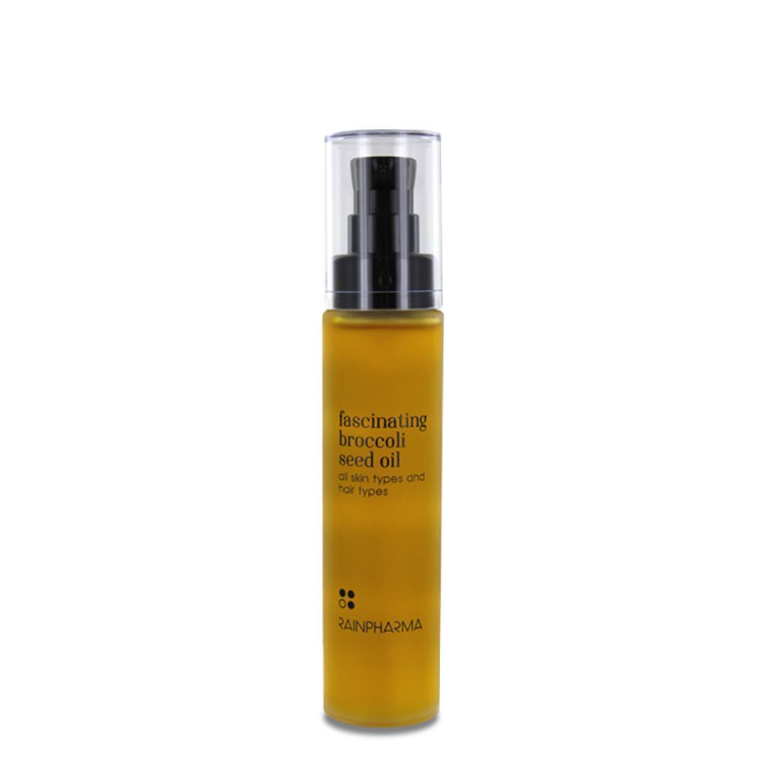 Flacon jaune avec pompe noire. Inscription: Fascinating Broccoli Seed Oil. Marque: Rainpharma.