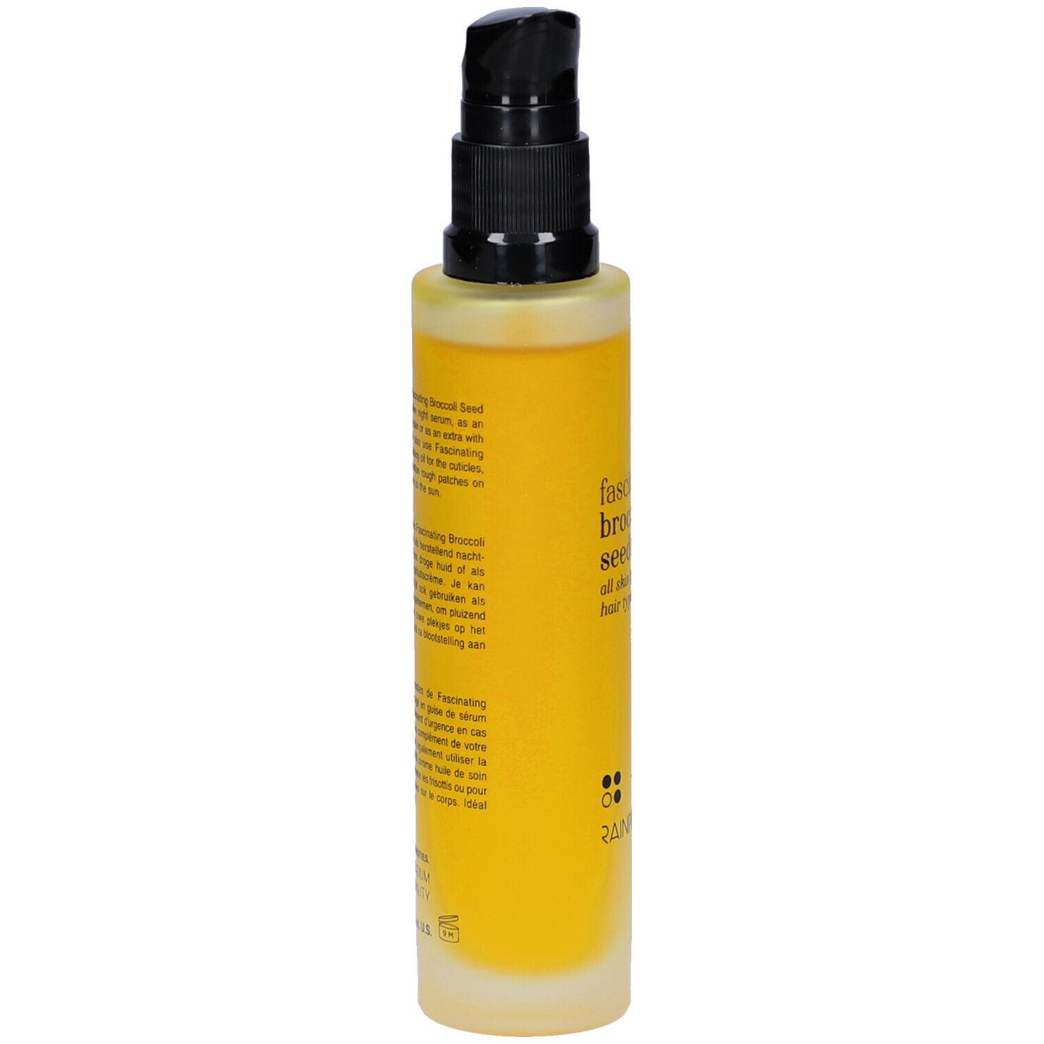 Gelbe Flasche mit schwarzem Pumpkopf. Text: Fascinating Broccoli Seed Oil. Rückseite mit Text in mehreren Sprachen.