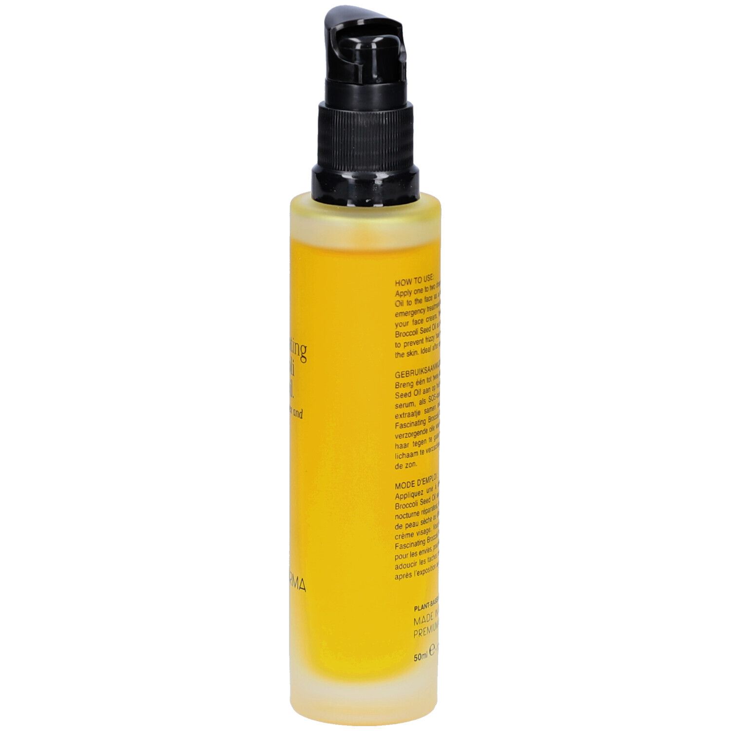 Rückseite einer gelben Flasche mit schwarzem Pumpkopf. Text in mehreren Sprachen. Marke: Rainpharma.