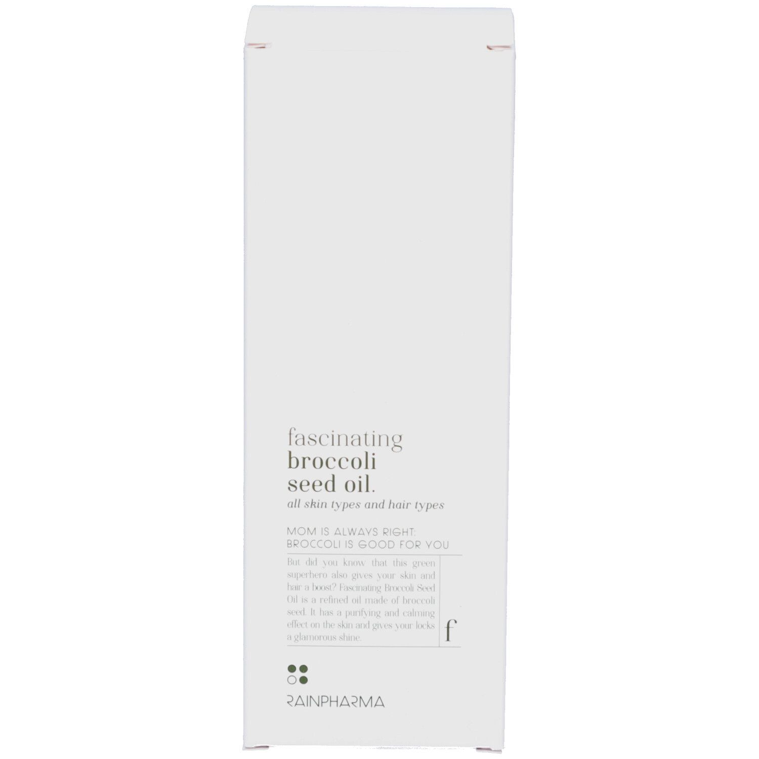 Verpackung mit Text: Fascinating Broccoli Seed Oil. Marke: Rainpharma.