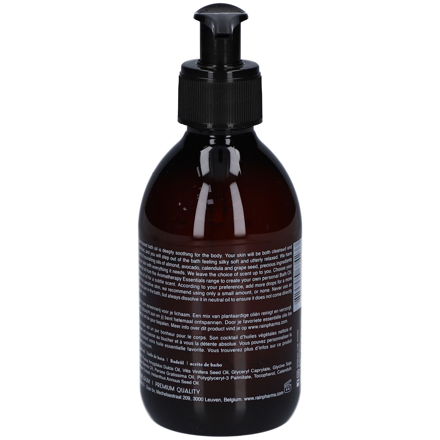 Braune Flasche mit schwarzem Pumpverschluss. Rückseite mit Text. Aufschrift: precious BATH OIL, RainPharma.