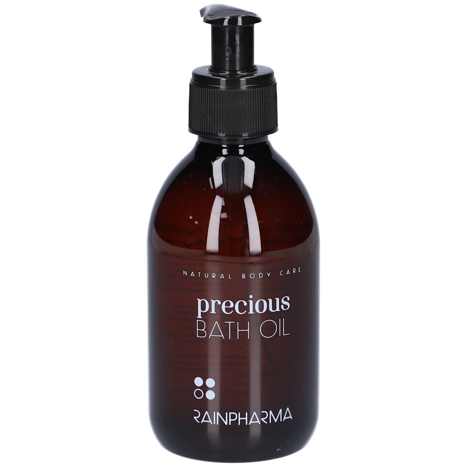 Braune Flasche mit schwarzem Pumpverschluss. Aufschrift: precious BATH OIL, RainPharma. Natürliche Körperpflege.