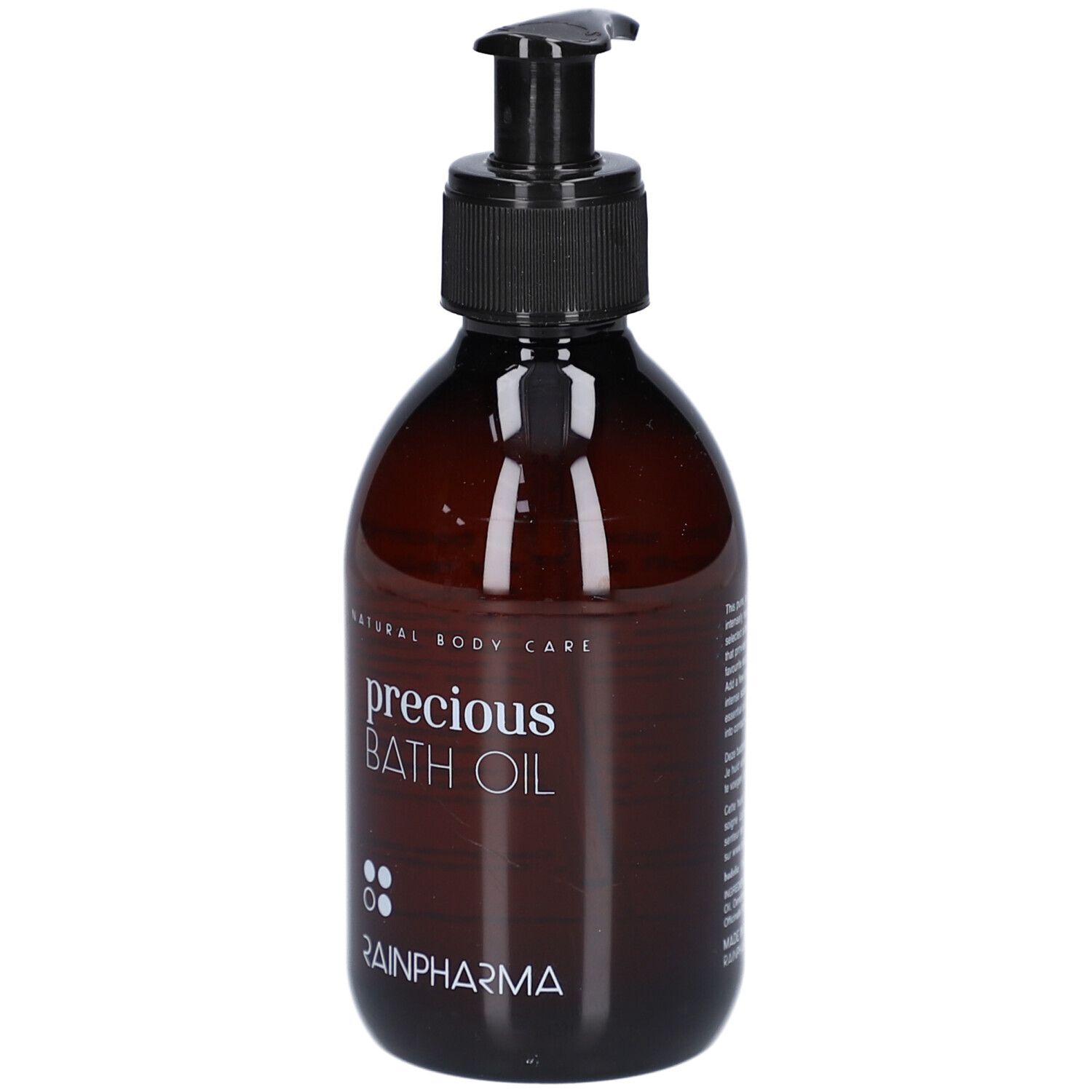 Braune Flasche mit schwarzem Pumpverschluss. Aufschrift: precious BATH OIL, RainPharma. Natürliche Körperpflege.