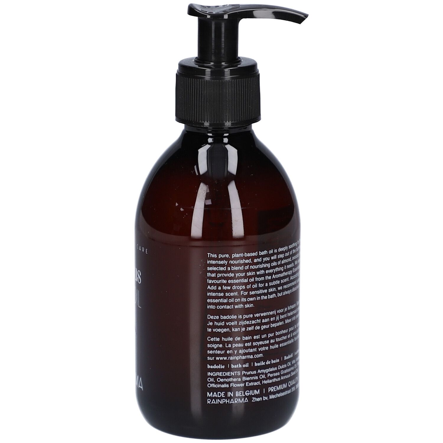 Braune Flasche mit schwarzem Pumpverschluss. Rückseite mit Text. Aufschrift: precious BATH OIL, RainPharma.