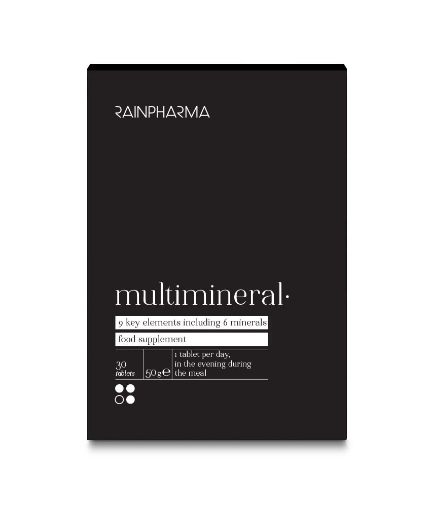 Boîte noire RainPharma avec "multimineral.". Contient 30 comprimés. Complément alimentaire. 9 éléments clés.