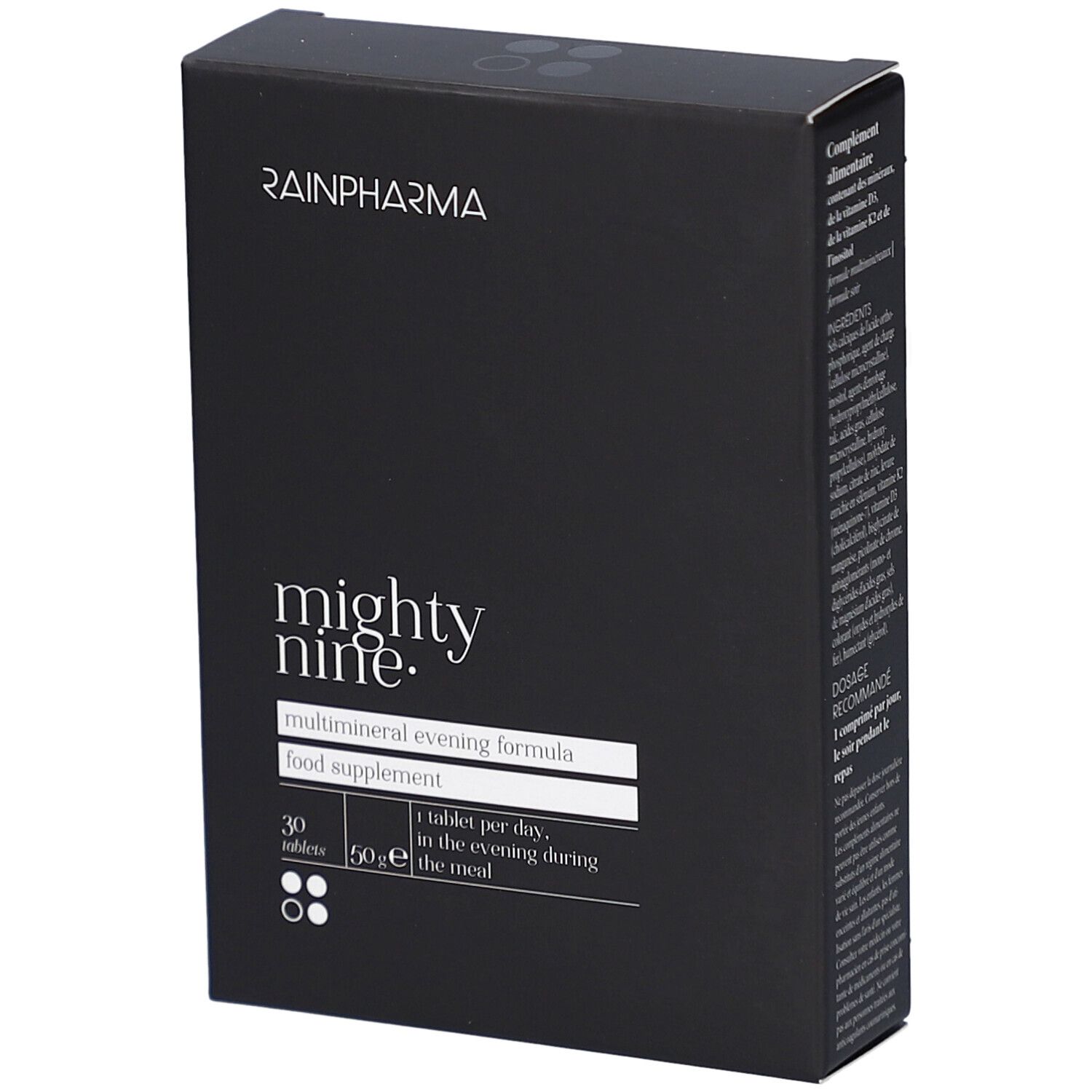 Schwarze Schachtel mit RainPharma-Logo und "mighty nine." Aufschrift. Enthält 30 Tabletten. Abendliche Multimineral-Formel.