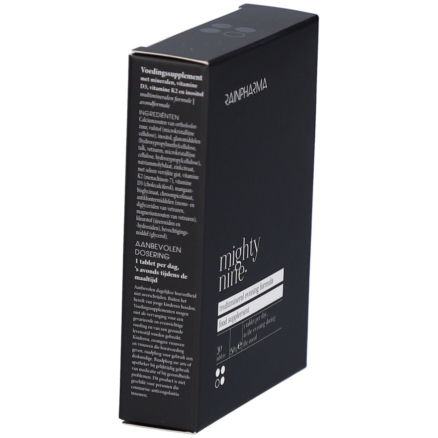 Schwarze Schachtel mit Text. Enthält Inhaltsstoffe, Dosierung und weitere Informationen. RainPharma-Logo oben.