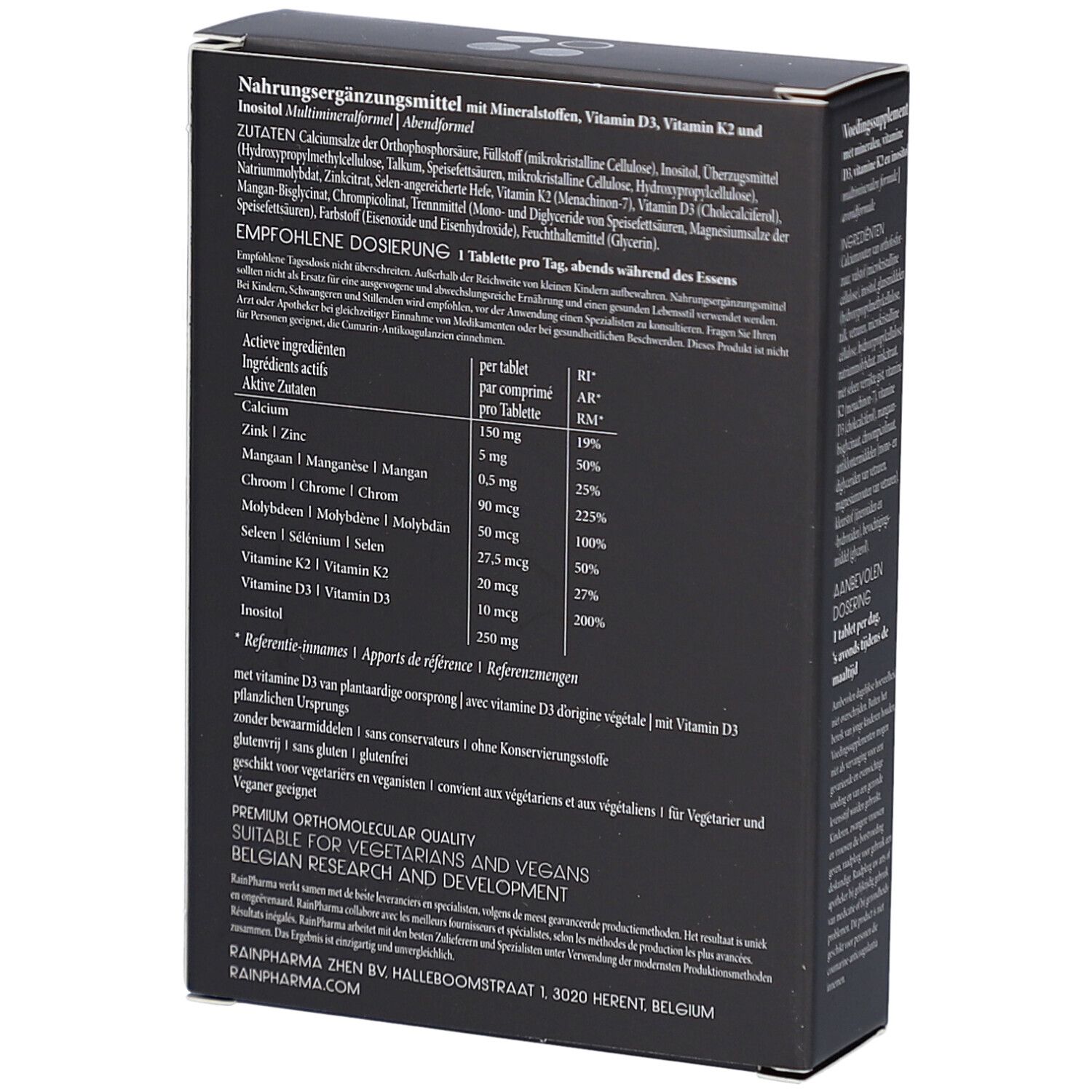 Rückseite der schwarzen Schachtel. Enthält Nährwertangaben, Inhaltsstoffe und Dosierung. RainPharma-Logo.
