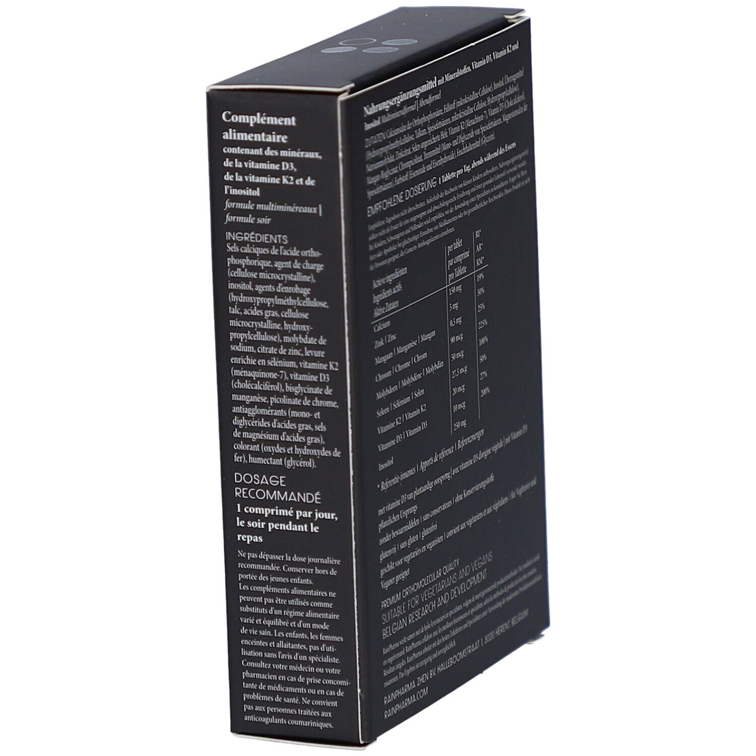 Schwarze Schachtel mit Text. Enthält Inhaltsstoffe, Dosierung und weitere Informationen. RainPharma-Logo oben.