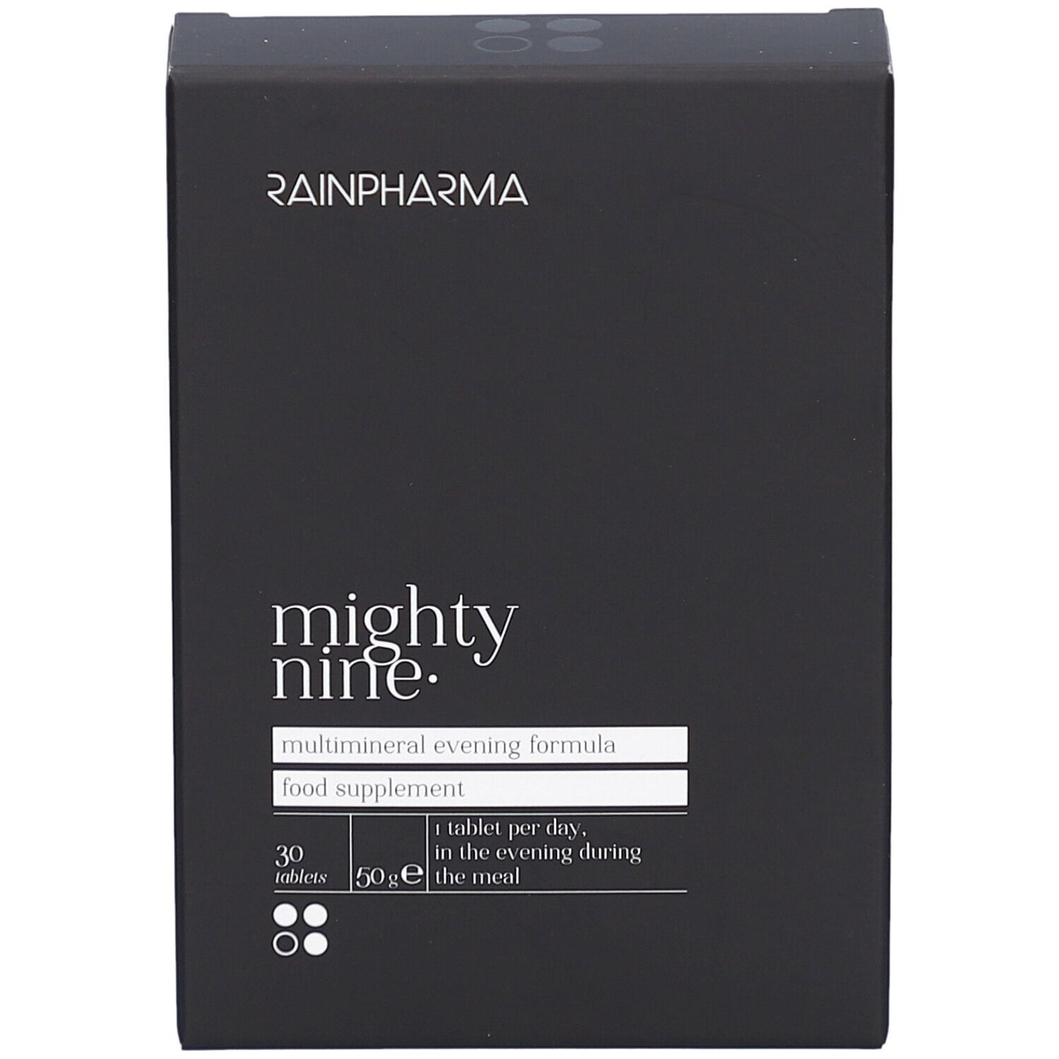 Schwarze Schachtel mit RainPharma-Logo und "mighty nine." Aufschrift. Enthält 30 Tabletten. Abendliche Multimineral-Formel.