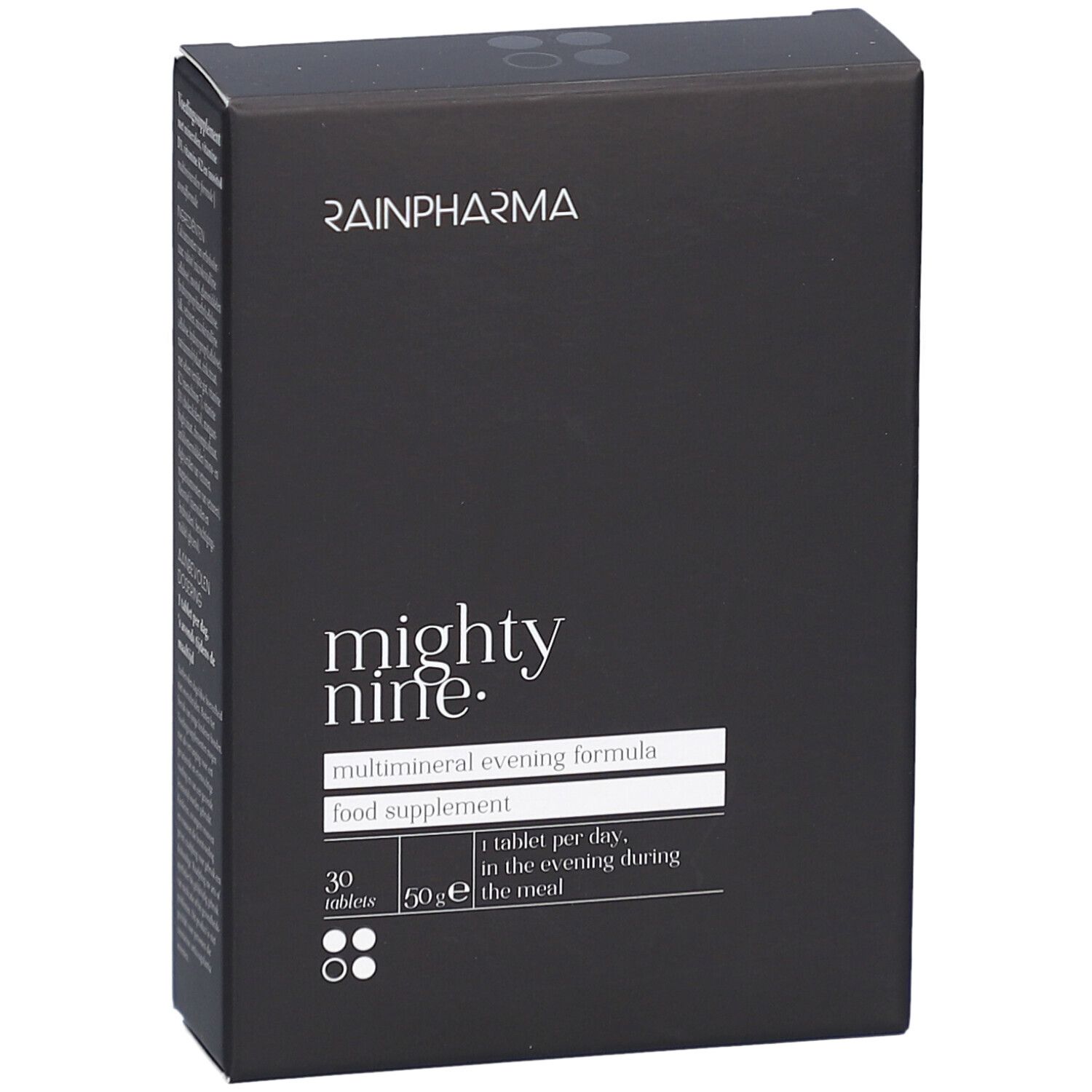 Schwarze Schachtel mit RainPharma-Logo und "mighty nine." Aufschrift. Enthält 30 Tabletten. Abendliche Multimineral-Formel.
