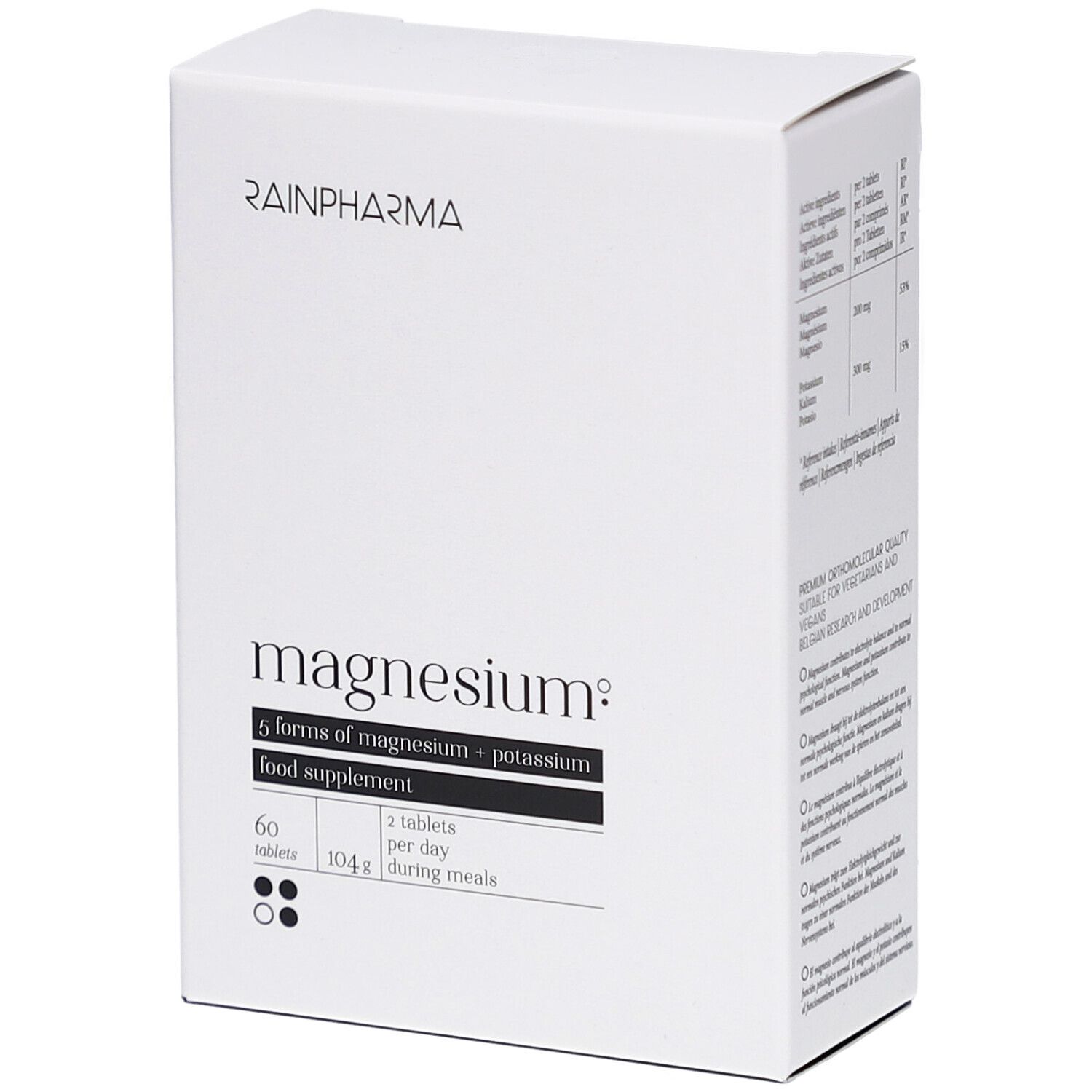 Weiße RainPharma-Verpackung mit Magnesium-Produkt. Enthält 60 Tabletten. Aufschrift: 5 Formen von Magnesium + Kalium.