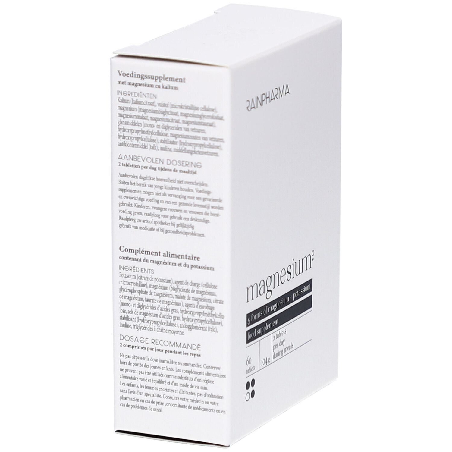 Weiße RainPharma-Verpackung mit Magnesium-Produkt. Rückseite mit Produktinformationen in verschiedenen Sprachen.