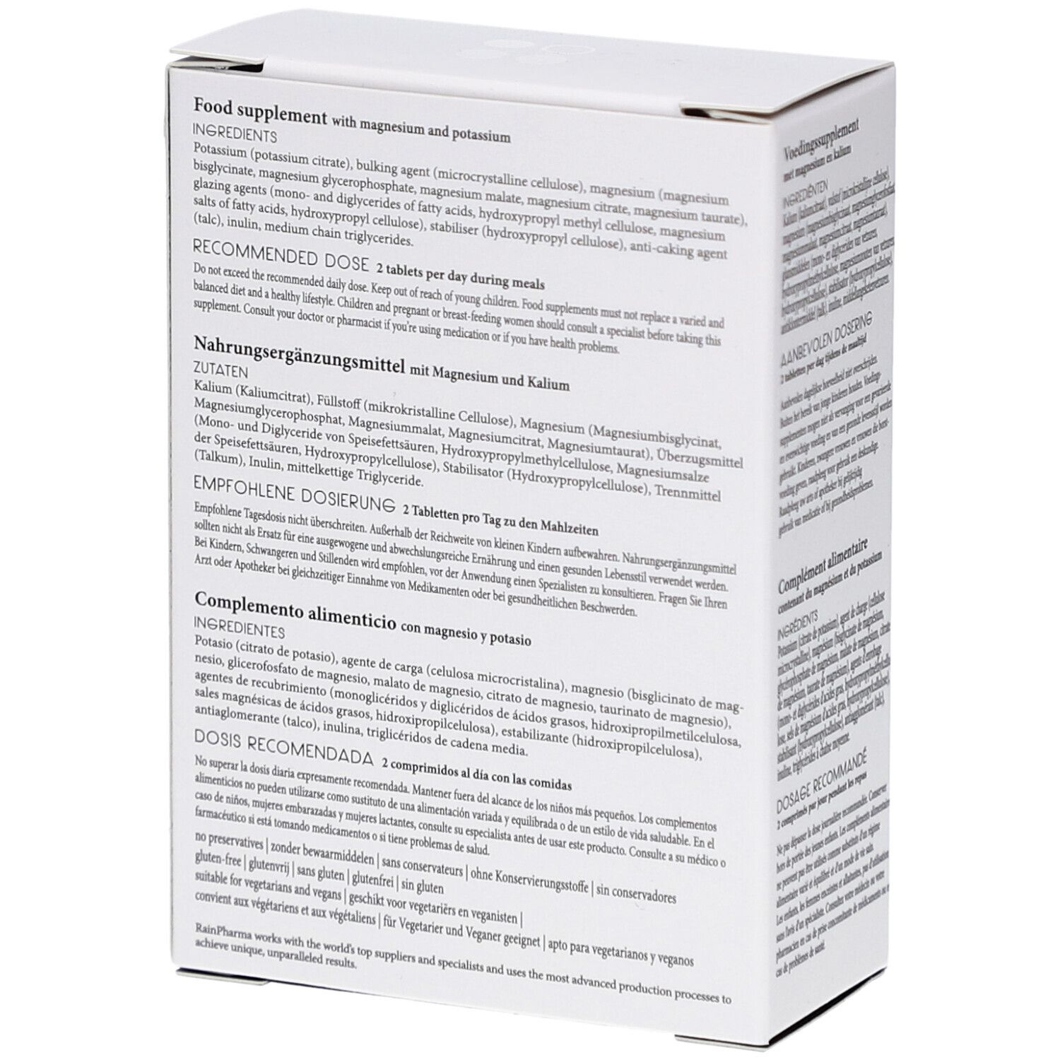 Weiße RainPharma-Verpackung mit Magnesium-Produkt. Rückseite mit Zutatenliste und Dosierungsempfehlung.