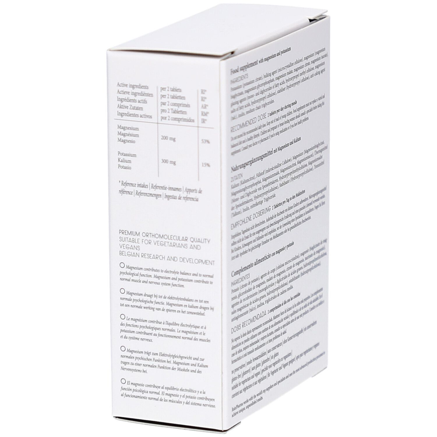 Weiße RainPharma-Verpackung mit Magnesium-Produkt. Seitenansicht mit Nährwertangaben und weiteren Informationen.