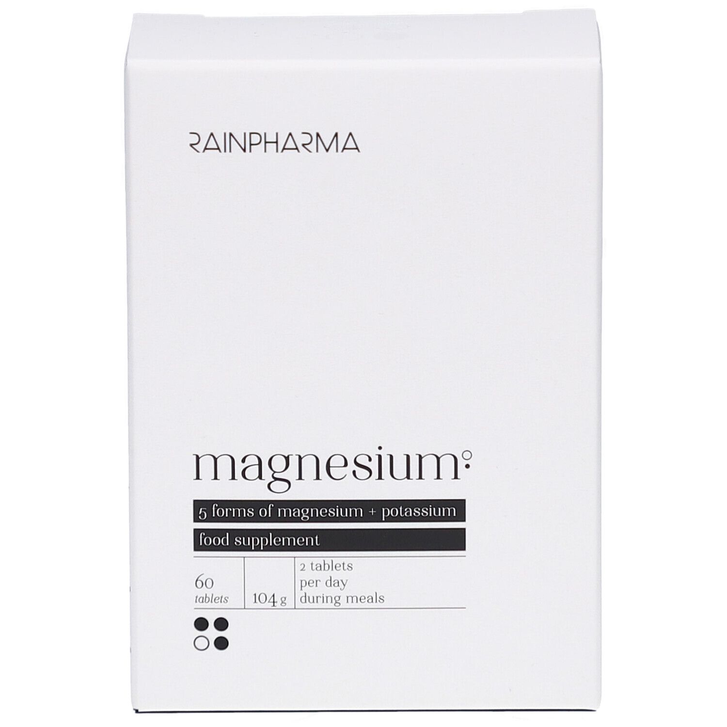 Weiße RainPharma-Verpackung mit Magnesium-Produkt. Enthält 60 Tabletten. Aufschrift: 5 Formen von Magnesium + Kalium.