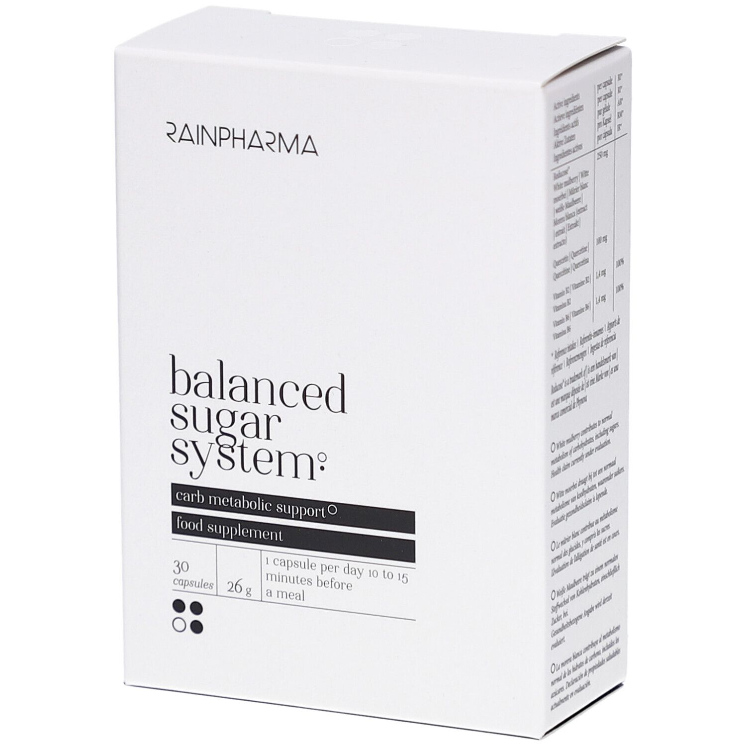 Weiße rechteckige Schachtel mit RainPharma-Logo und Aufschrift "balanced sugar system". Enthält 30 Kapseln.