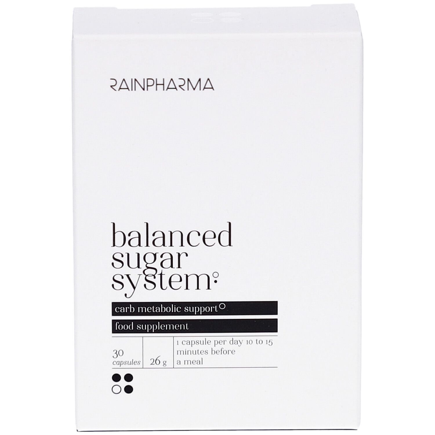 Weiße rechteckige Schachtel mit RainPharma-Logo und Aufschrift "balanced sugar system". Enthält 30 Kapseln.