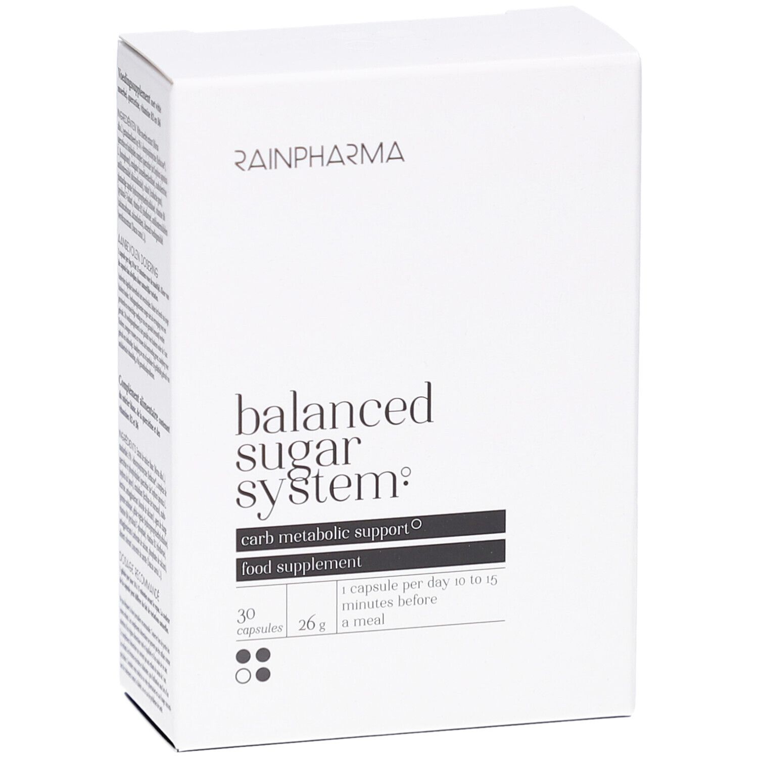 Weiße rechteckige Schachtel mit RainPharma-Logo und Aufschrift "balanced sugar system". Enthält 30 Kapseln.