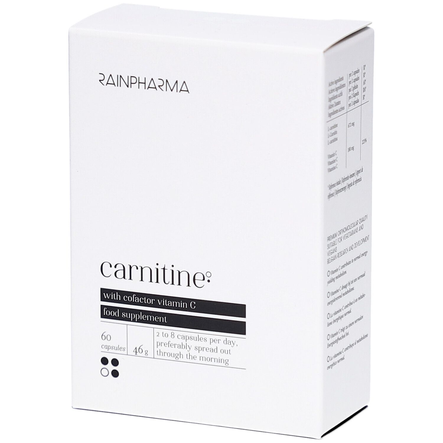 Weiße Schachtel mit RainPharma-Logo. Aufschrift: Carnitine, mit Cofaktor Vitamin C, Nahrungsergänzungsmittel. 60 Kapseln, 46g.