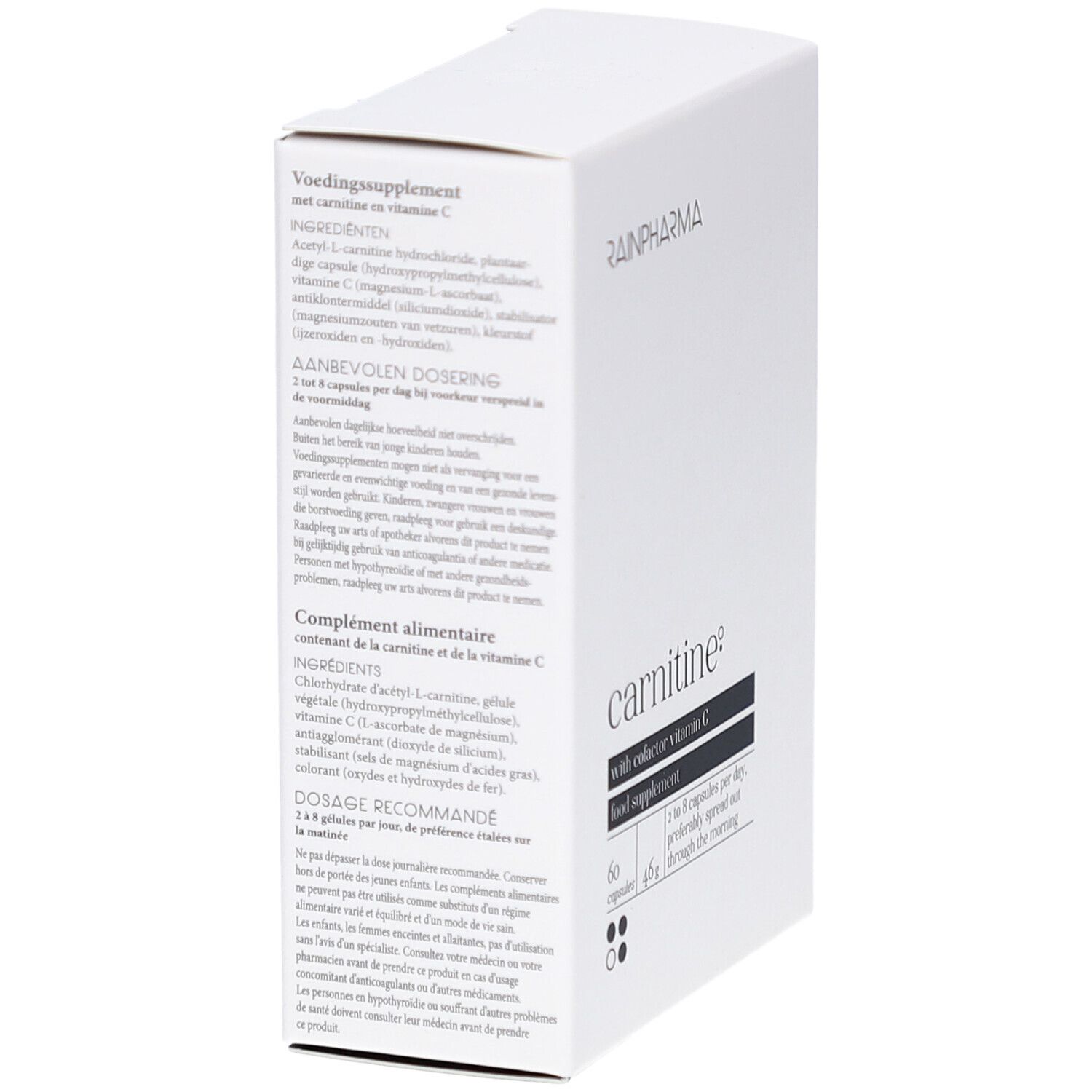 Weiße Schachtel, RainPharma-Logo. Text: Carnitine, mit Cofaktor Vitamin C, Nahrungsergänzungsmittel. Zutaten, Dosierung, Inhaltsstoffe.