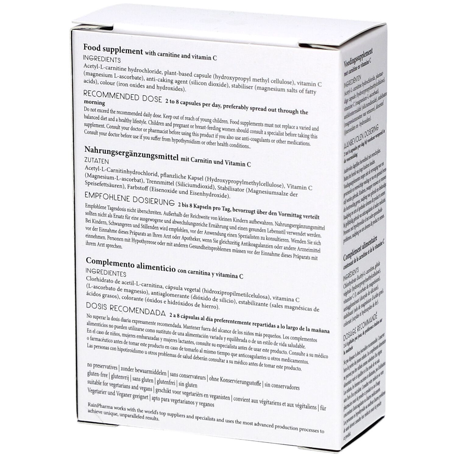 Rückseite der weißen Schachtel. Text: Nahrungsergänzungsmittel mit Carnitin und Vitamin C. Zutaten, Dosierung, Inhaltsstoffe.