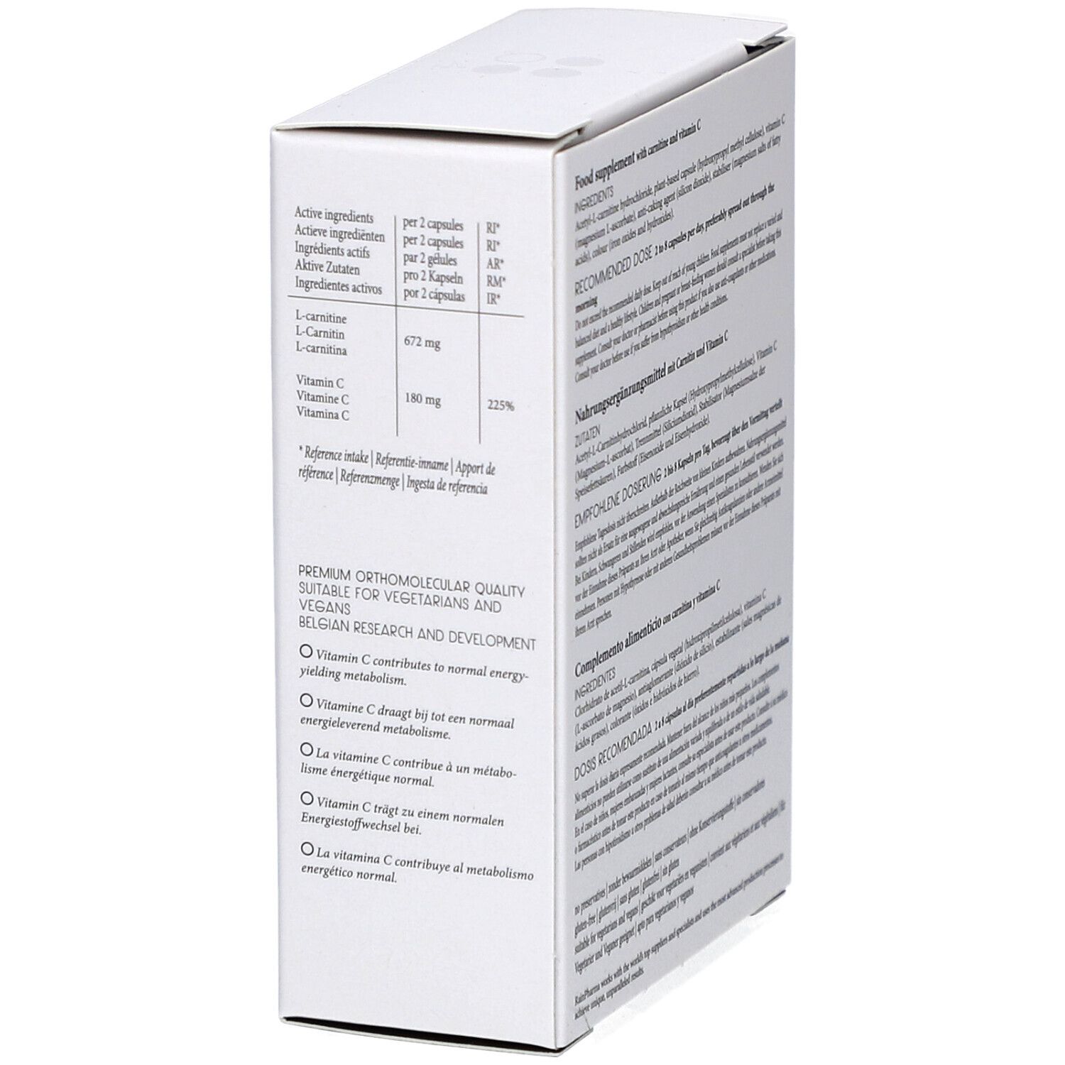 Weiße Schachtel, RainPharma-Logo. Text: Carnitine, mit Cofaktor Vitamin C, Nahrungsergänzungsmittel. Inhaltsstoffe, Dosierung.