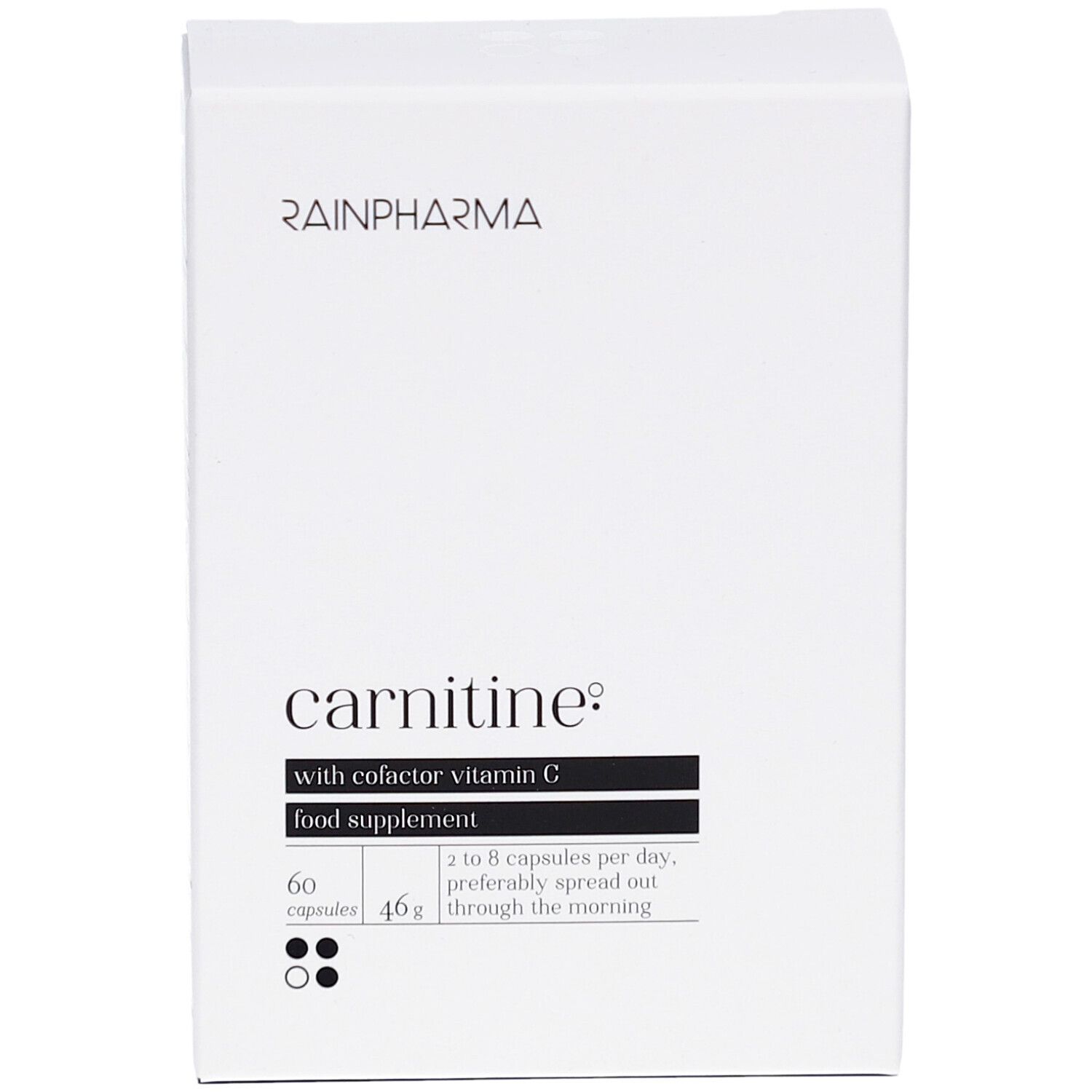Weiße Schachtel mit RainPharma-Logo. Aufschrift: Carnitine, mit Cofaktor Vitamin C, Nahrungsergänzungsmittel. 60 Kapseln, 46g.