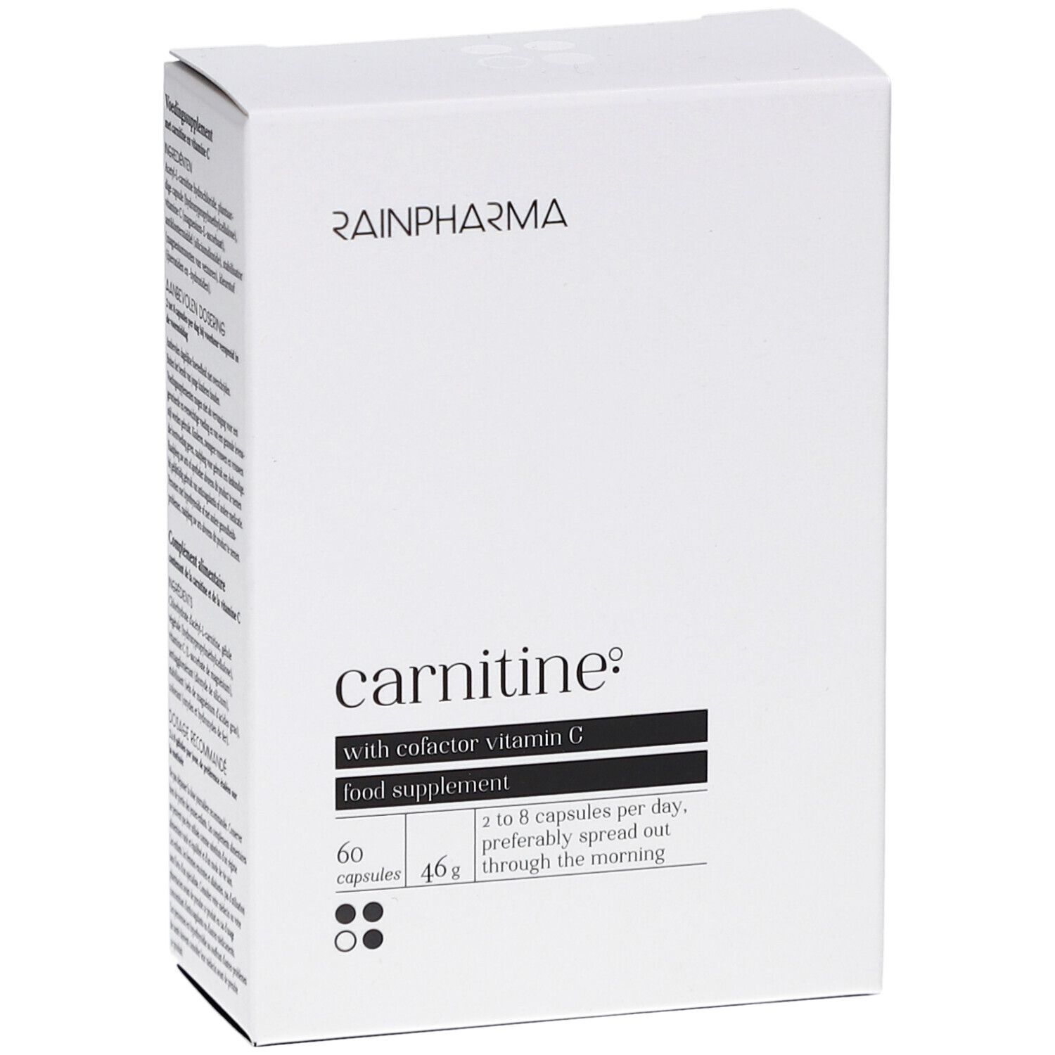 Weiße Schachtel mit RainPharma-Logo. Aufschrift: Carnitine, mit Cofaktor Vitamin C, Nahrungsergänzungsmittel. 60 Kapseln, 46g.
