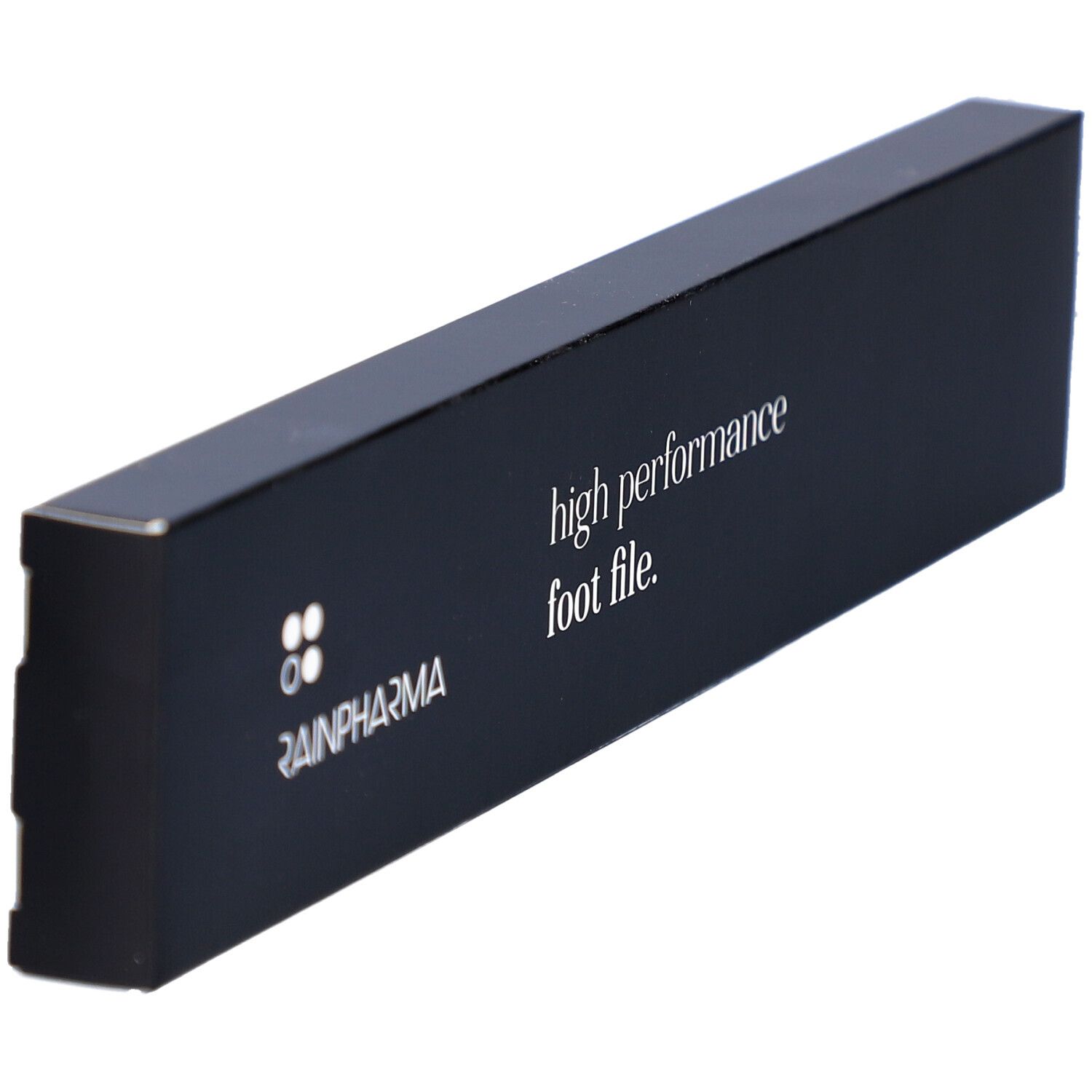 Boîte noire avec texte blanc. Inscription : Rainpharma, high performance foot file. Vue en perspective.