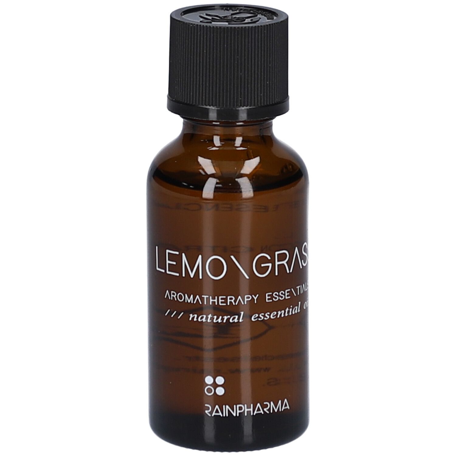 Braune Glasflasche mit schwarzem Deckel. Aufschrift: LEMONGRASS, AROMATHERAPY ESSENTIALS, natural essential oil. RainPharma Logo.