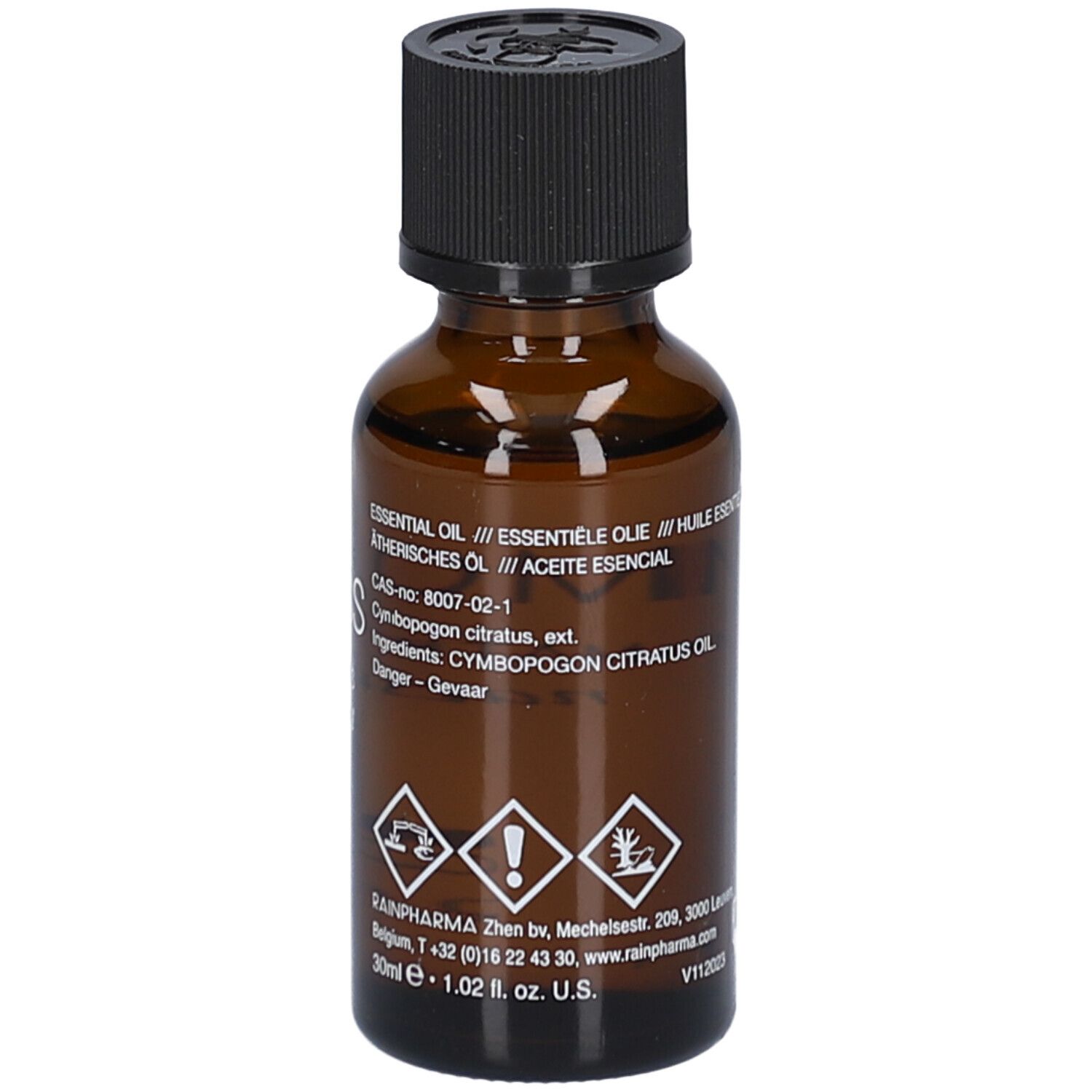 Rückseite der braunen Glasflasche. Aufschrift: ESSENTIAL OIL, Inhaltsstoffe, Warnhinweise, RainPharma-Logo, 30ml, 1.02 fl. oz. U.S.