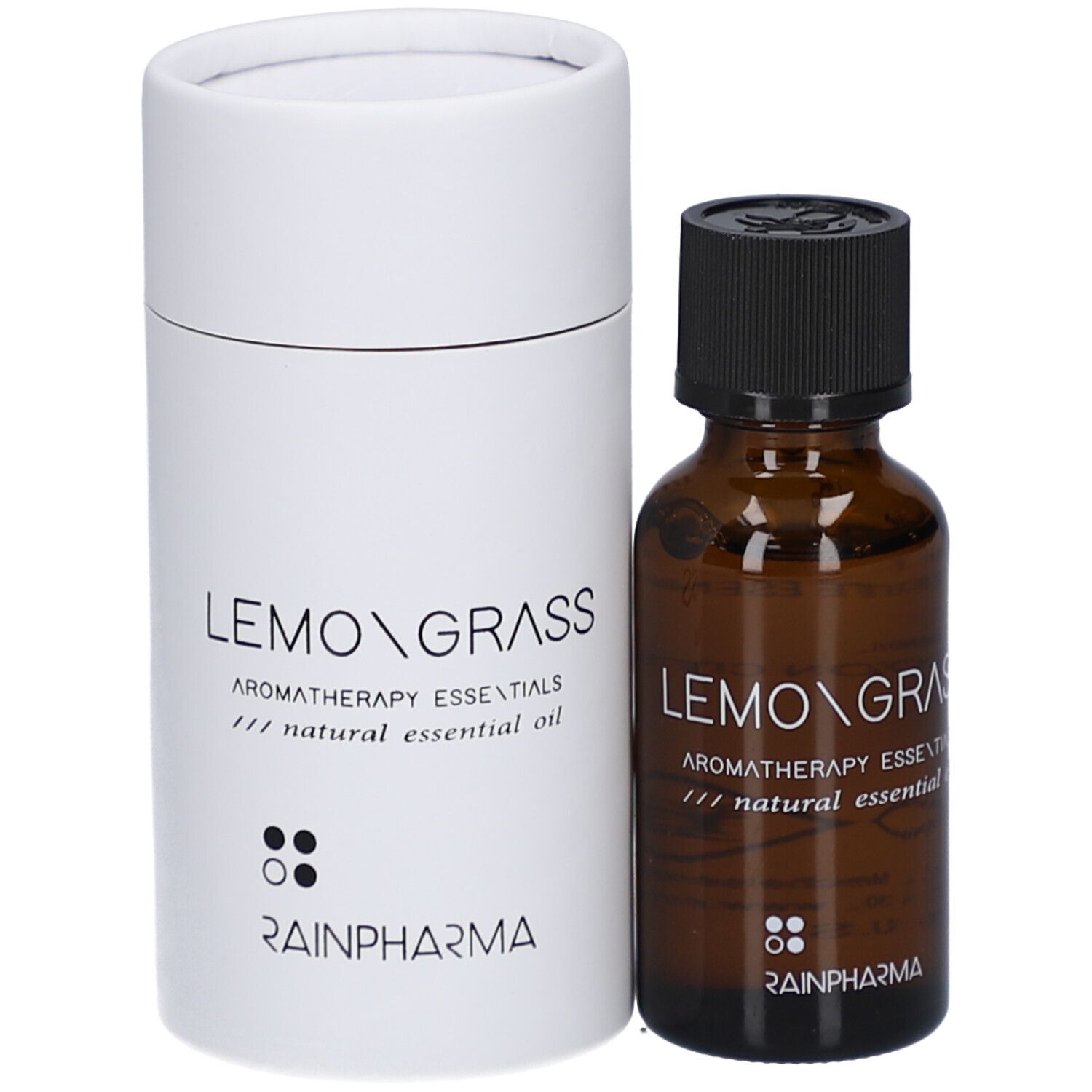 Braune Glasflasche mit schwarzem Deckel neben weißer zylindrischer Verpackung. Aufschrift: LEMONGRASS, RainPharma Logo.